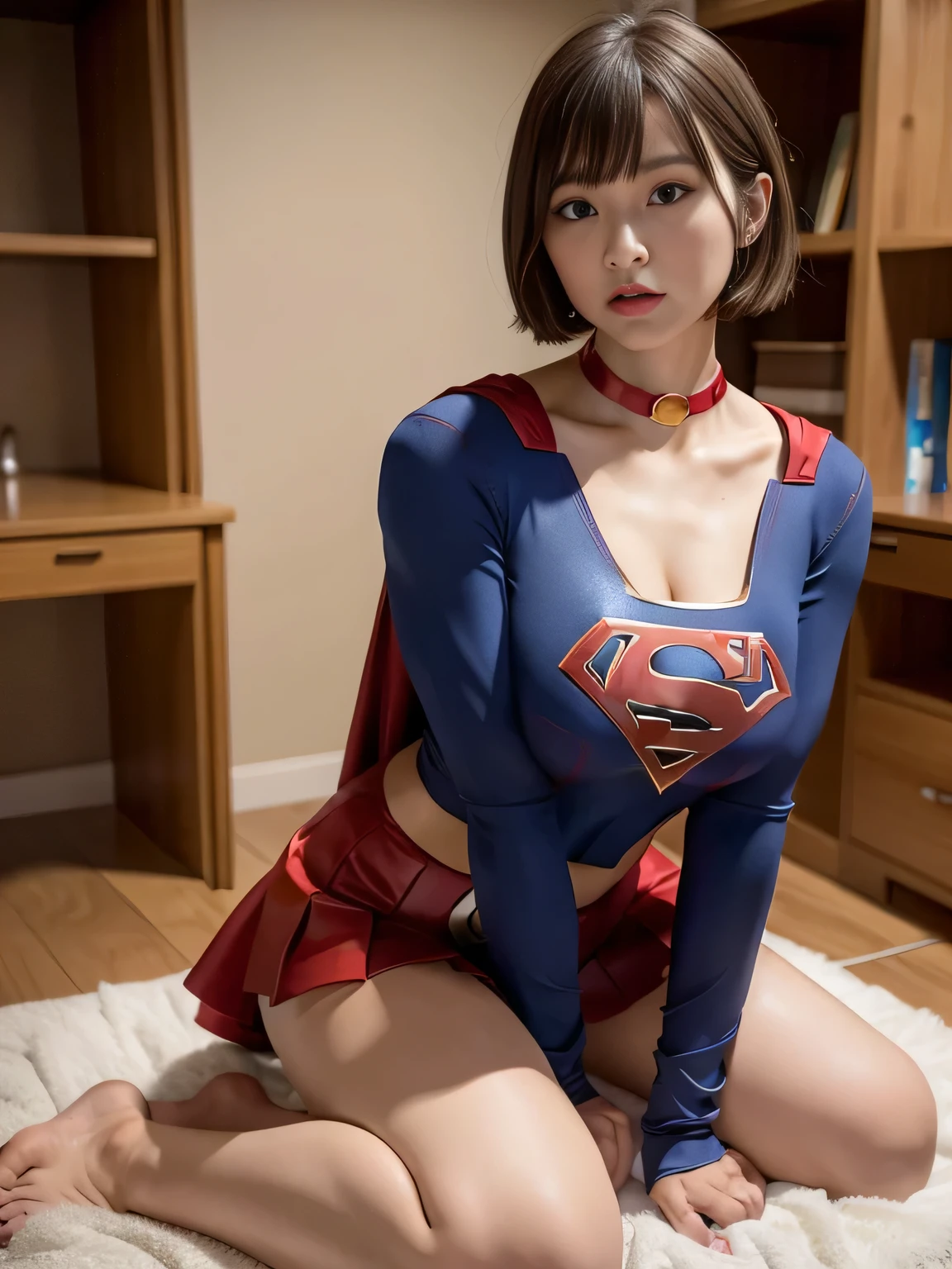 masterpiece、supergirl costume、short hair、barefoot、big and full breasts、Research room、operating table、straddle、Tattered、shiny、look at the camera、Seduce、choker、red mini skirt、long sleeve、Cowgirl