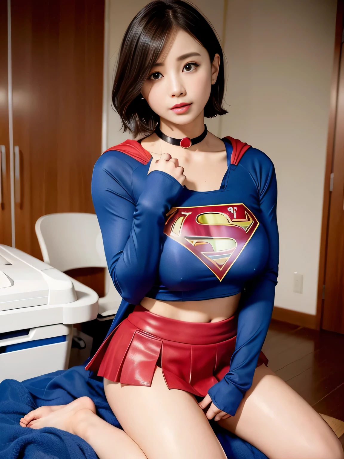 masterpiece、Supergirl costumes、short hair、barefoot、big and full breasts、Research room、operating table、straddle、Tattered、shiny、look at the camera、Seduce、choker、long sleeve、red mini skirt、Cowgirl