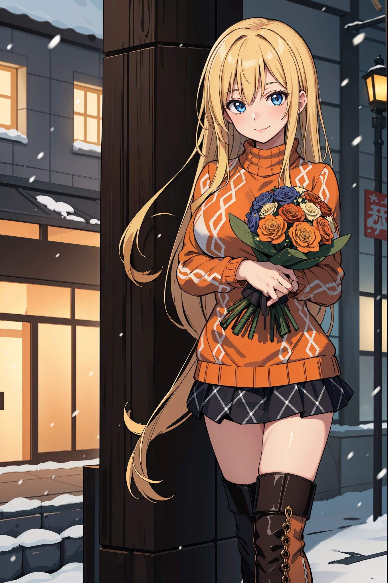 8k wallpaper, table top, highest quality, shape, looking at the viewer,((cowboy shot)),perfect anatomy,(1 female:1.5), alone, 24-years-old,break((blonde),(blondeの短い髪)),break(blue eyes), smile a little,big breasts, rocket bit,break((Open coat,)(dark brown duffel coat)),break(lover lover (Argyle pattern) Orange sweater:1.46),break (Beautiful leg line with black miniskirt:1.4), break(Brown long boots that accentuate your legs:1.56),break(Street trees in winter, urban area, It's snowing) ,(Twilight Settings:1.3), (soft,cold lighting:1.3),break(standing pose),break ((Holding a large bouquet of colorful flowers in both hands))