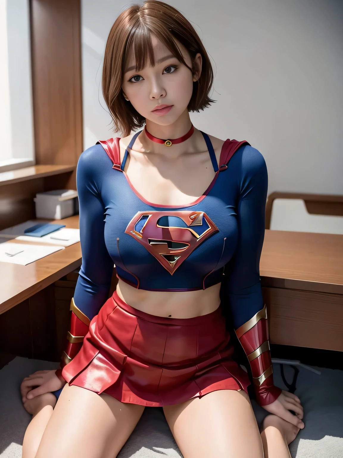 masterpiece、supergirl costume、short hair、barefoot、big and full breasts、Research room、operating table、straddle、Tattered、shiny、look at the camera、Seduce、choker、red mini skirt、long sleeve、Cowgirl