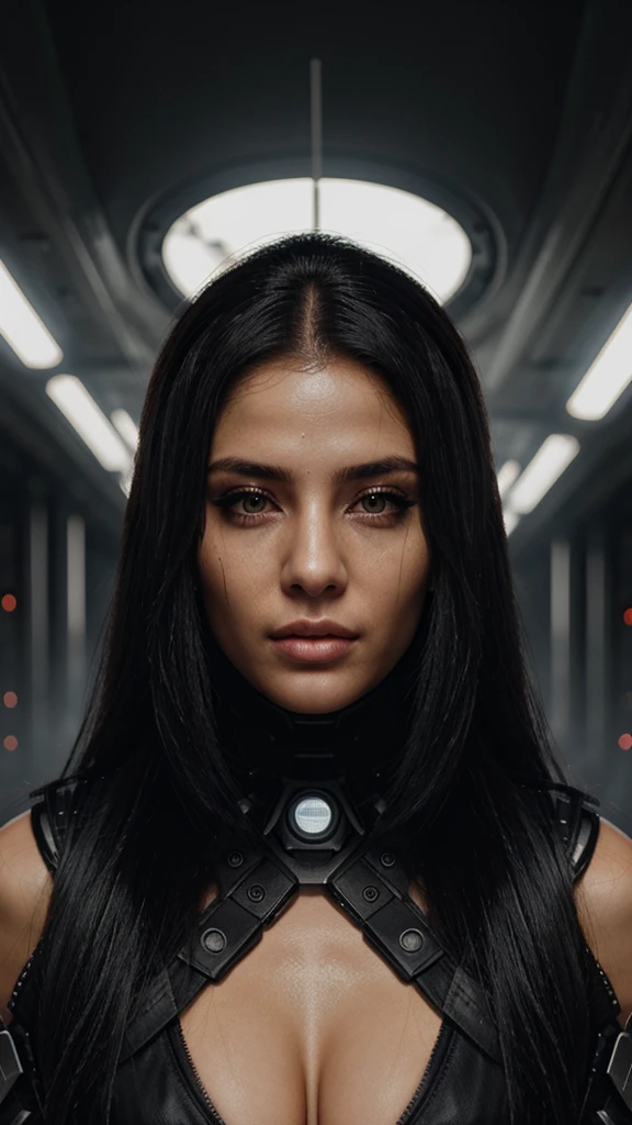 mulher, ciberpunk, realistic black apocalyptic post clothes, futuristic backdrop, cybernetic face, cabelos castanhos compridos, olhos castanhos escuros
