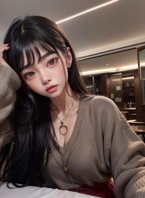 mulher araffe com longos cabelos pretos sentada em uma mesa, Ulzzang, Bela Delfina, Lalisa Manoban do Blackpink, Lalisa Manobal, Xintong Chen, Jisoo do Blackpink, portrait of jossi do blackpink, parque roseanne de blackpink, imagem de perfil, jossi do blackpink, young pale and beautiful asian face, Asian girl, jennie blackpink, seios marcados,