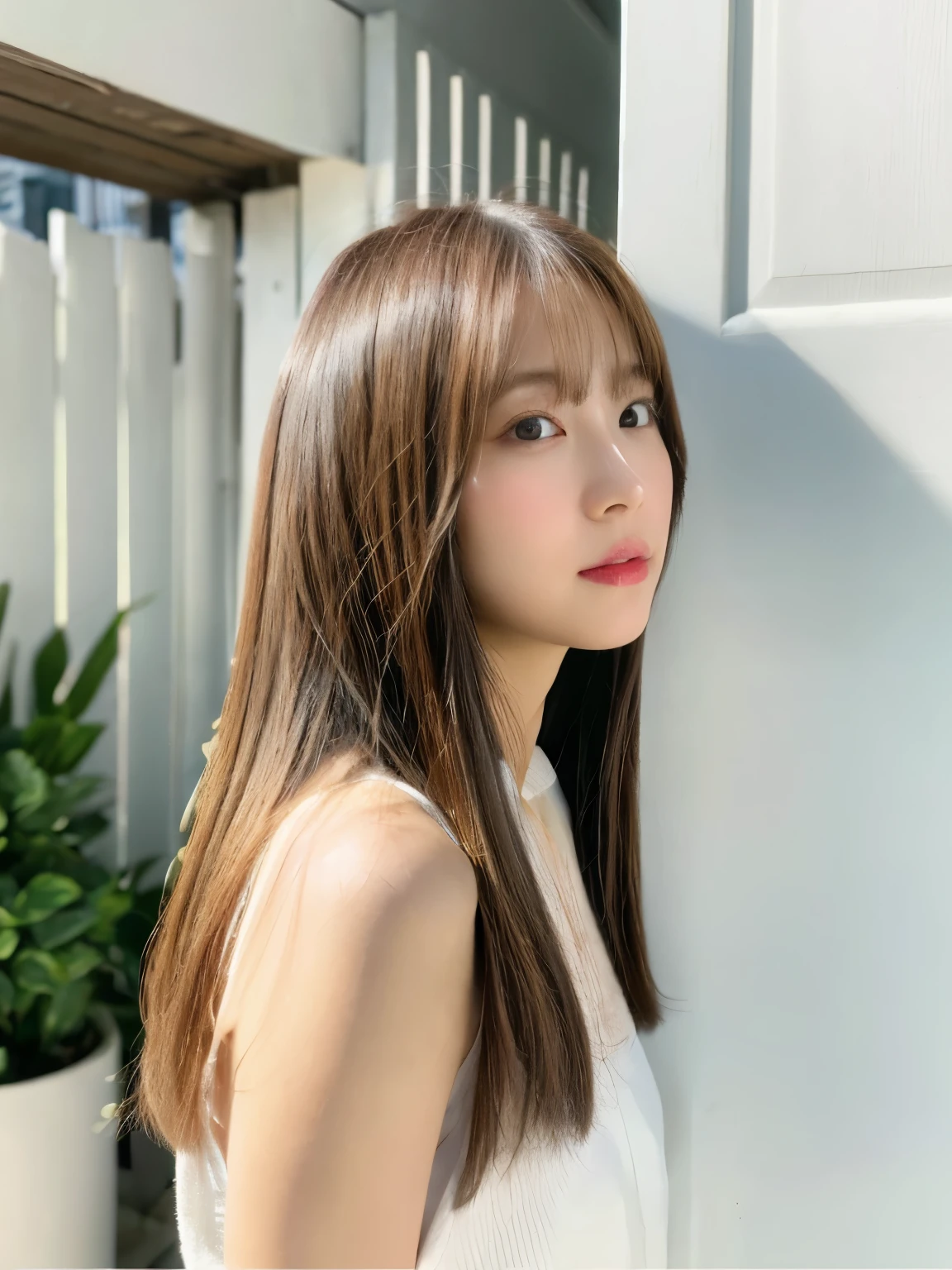 ((highest quality、8K、masterpiece:1.3))、ultra high resolution、(photorealistic:1.4)、raw photos、Japanese,(details face)、real、((profile))、Shot in natural light、Highly detailed face and skin texture、highly detailed lips、correct state of the human body、straight hair、bright hair color、various poses、natural color lip 、long hair、((明るい茶色のstraight hair))、straight hair、shot from behind、Don't look at the camera、professional lighting、angle from behind、Shot in natural light、super detail、30 generations、actress、髪型はまっすぐなstraight hair、Emphasizes the shine of hair、Blouses in pastel colors、white wall、Taken in front of the white door、(窓のあるwhite wallの部屋)