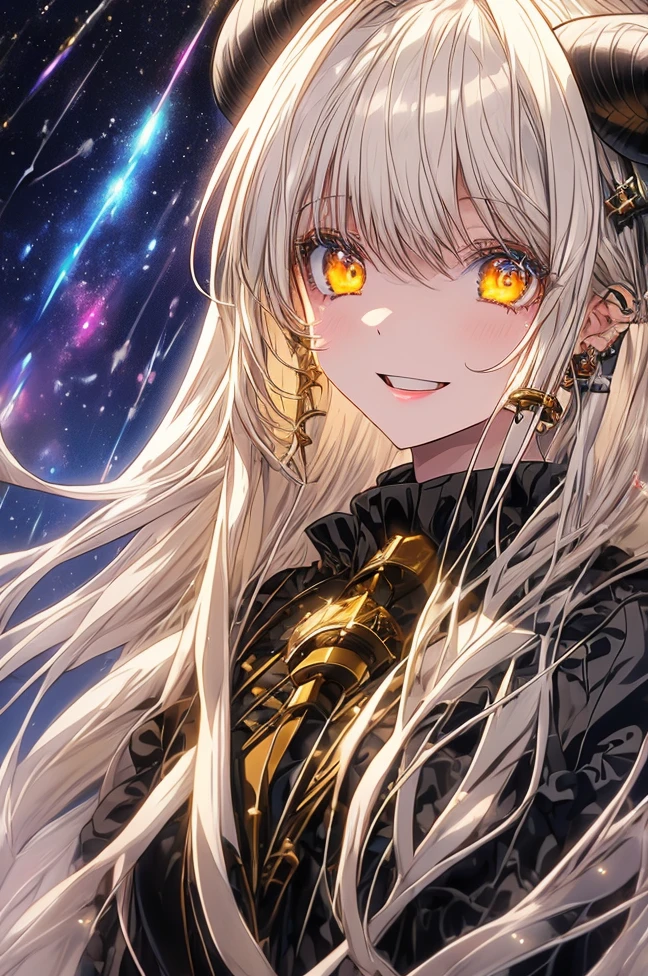 ((masterpiece)), ((top-quality)), (The Amazing Dessinger), (best artist), (Best illustrated landscapes), (best performance), (4K Full HD), (nffsw+), (1girl in) (long to)white hair, (glowing yellow eyes), (astonishing)Starry side landscape painted in artistic and cinematic tones - Mayna Pastel Style - V5(anime illustrated)、Sheep's Horn、Cute smile、depth of fields、Black dress adult