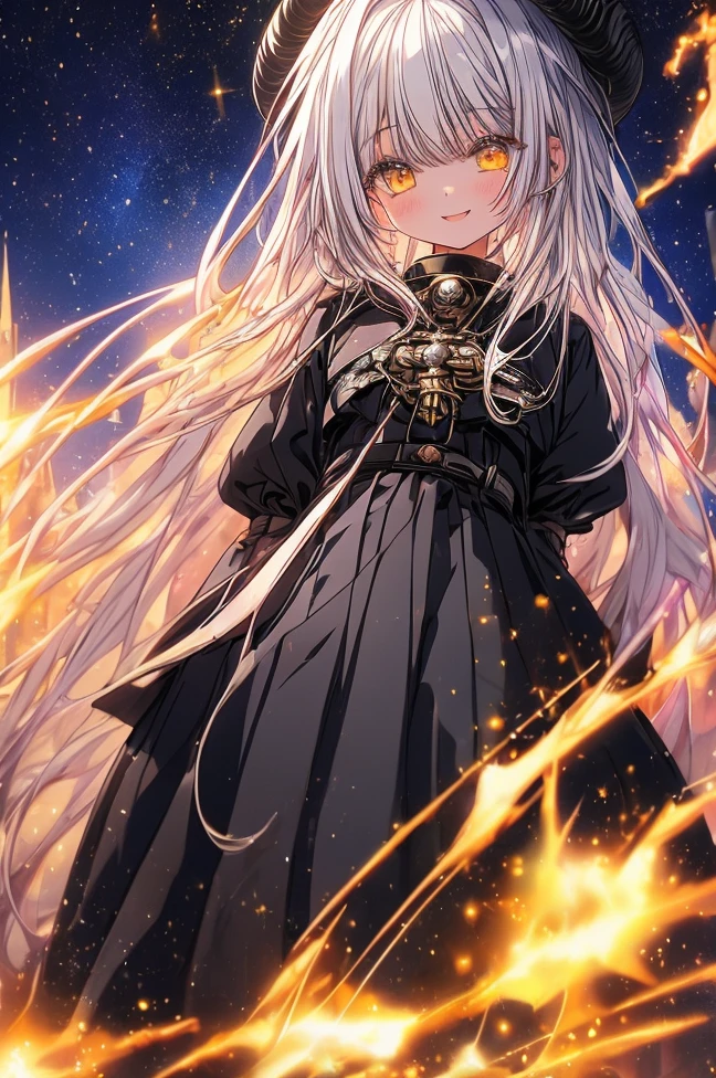 ((masterpiece)), ((top-quality)), (The Amazing Dessinger), (best artist), (Best illustrated landscapes), (best performance), (4K Full HD), (nffsw+), (1girl in) (long to)white hair, (glowing yellow eyes), (astonishing)Starry side landscape painted in artistic and cinematic tones - Mayna Pastel Style - V5(anime illustrated)、Sheep's Horn、Cute smile、depth of fields、Black dress adult