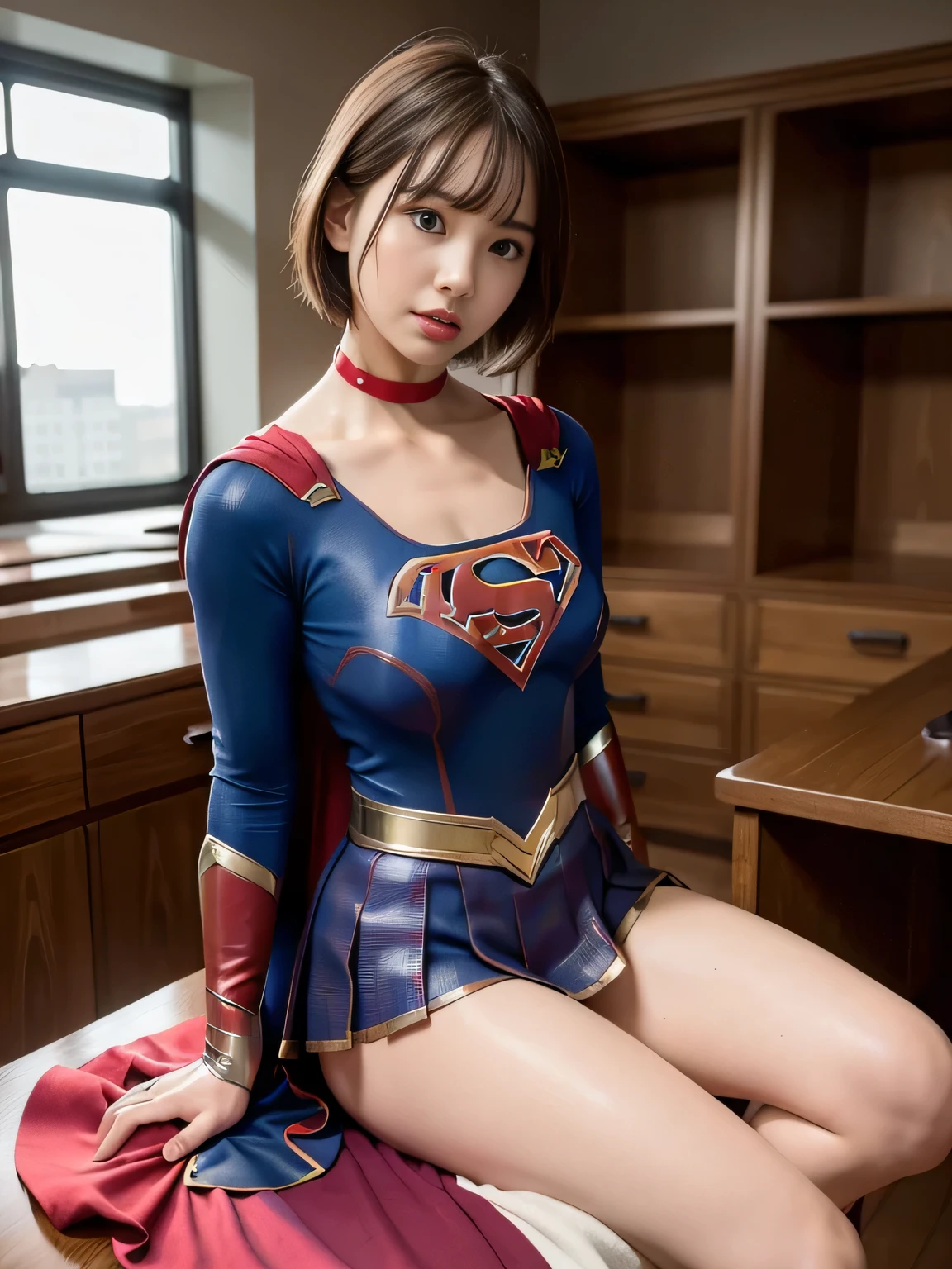 masterpiece、Supergirl costumes、short hair、barefoot、big and full breasts、Research room、operating table、straddle、Tattered、shiny、look at the camera、Seduce、choker、long sleeve、red mini skirt、Cowgirl