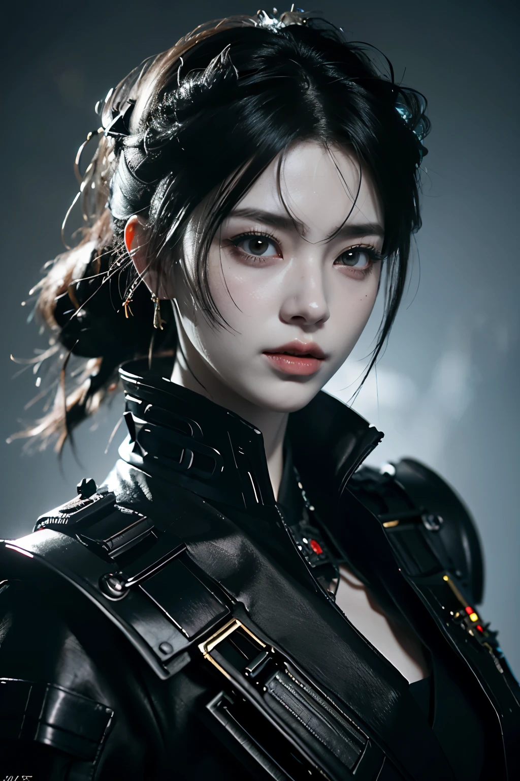 Game art,The best picture quality,Highest resolution,8K,((A bust photograph)),((Portrait)),((Head close-up)),(Rule of thirds),Unreal Engine 5 rendering works, (The Girl of the Future),(Female Warrior), 22岁少女,(Female hackers),(Rainbow hair,Ancient Oriental hairstyle),((The pupils of the red eyes:1.3)),(A beautiful eye full of detail),(Big breasts),(Eye shadow),优雅迷人,冷漠,((Anger)),(Cyberpunk jacket full of futuristic look,Joint Armor,There are exquisite Chinese patterns on the clothes,A flash of jewellery),赛博朋克人物,未来风格, 拍照姿势,城市背景,Movie lights,Ray tracing,Game CG,((3D Unreal Engine)),oc渲染反射纹