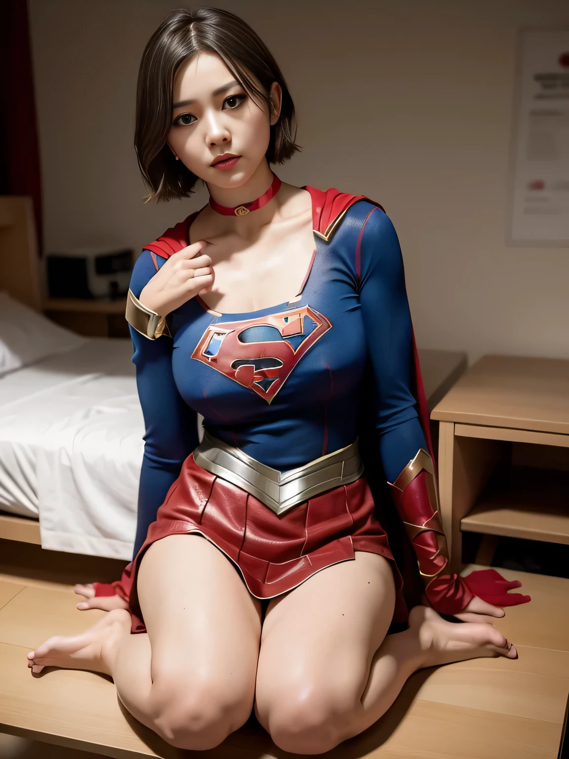 masterpiece、supergirl costume、short hair、barefoot、big and full breasts、Research room、operating table、straddle、Tattered、shiny、look at the camera、Seduce、choker、red mini skirt、long sleeve、Cowgirl