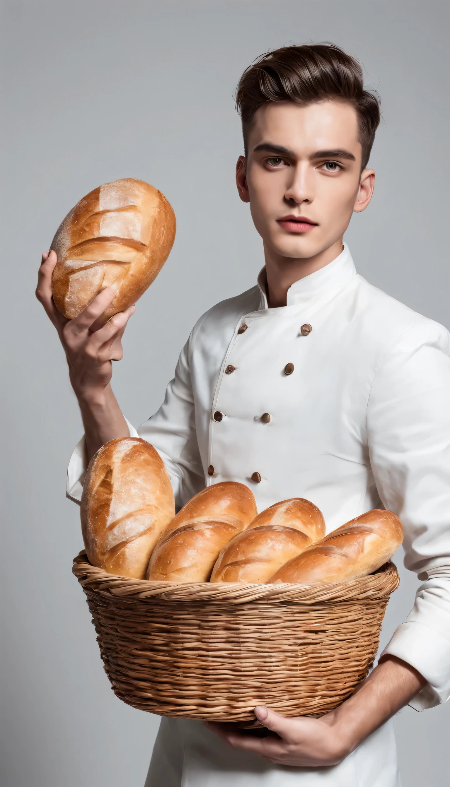 Baker man holding some bread in basket presenting something