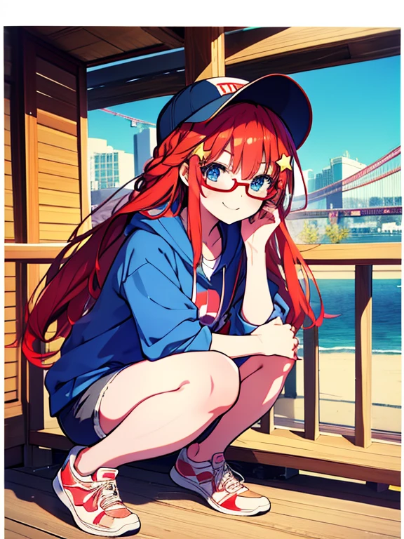masterpiece, highest quality, 1 girl, Satsuki Nakano,The Bride of Fifths Satsuki Nakano,redhead,long hair,blue eyes,star hair ornament, Braid,hat,Akabuchi Glasses,red sleeveless hoodie,shorts,sneakers,summer,In town,smile