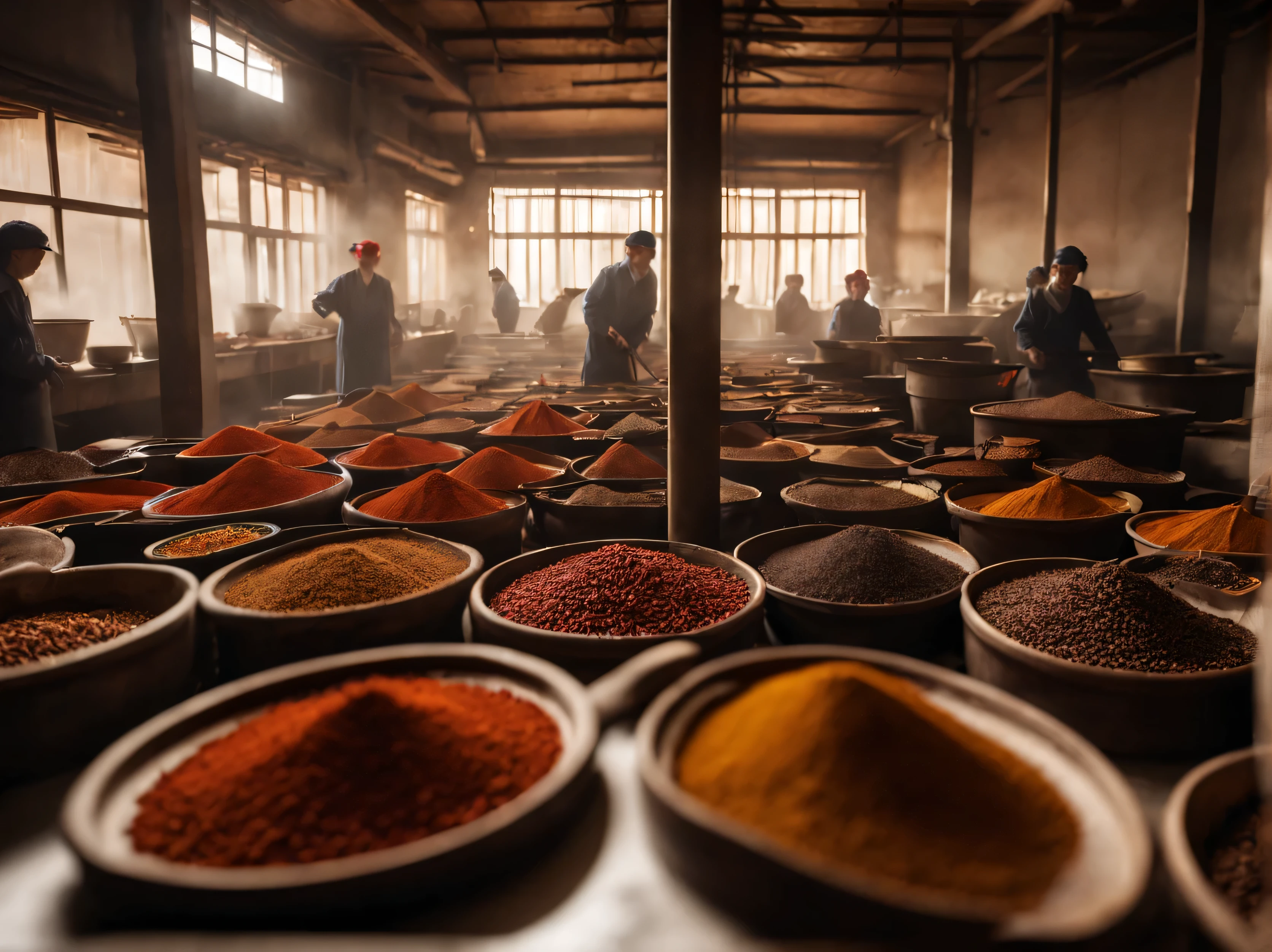 Warm factory interior,前景一排Sichuan peppercorns八角,There are many dustpans drying star anise in the background,Sichuan peppercorns,spices,A beam of light comes from the upper left corner,There is some smoke,Broad background,Long depth of field,super wide angle,4K ultra clear,The scene is real