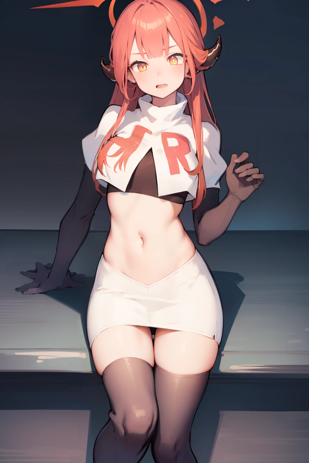 bluearchivearu, aru, halo, horns, long hair, (orange eyes:1.5), pink hair, bangs, blunt bangs,
BREAK horns, team rocket,team rocket uniform,white skirt,crop top,black thigh-highs,black elbow gloves
BREAK looking at viewer,
BREAK (masterpiece:1.2), best quality, high resolution, unity 8k wallpaper, (illustration:0.8), (beautiful detailed eyes:1.6), extremely detailed face, perfect lighting, extremely detailed CG, (perfect hands, perfect anatomy),