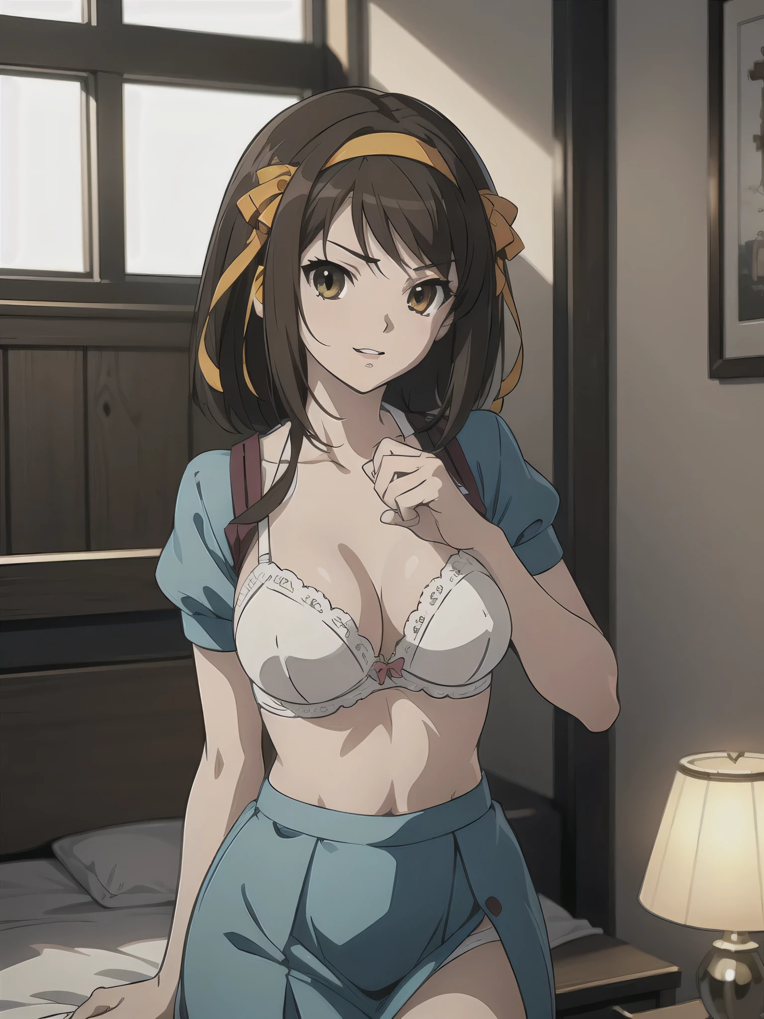 (A superb exquisite haruhi suzumiya), (haruhi suzumiya:1.5), (kyoani haruhi style Uniform:1.5), brown eyes, brown hair, natural straight hair, hairband, ribbon, straight bangs, solo, nature, extremely delicate, straight facial features, peerless beautiful girl, soft, (sensual face), ((ecchi face)), dreamy quality, exaggerated facial features, solid color, frank holly, delicate face, bright lips, slender waist, soft curves, real light and shadow, super fine, 4k, natural moving, Ultra high resolution, (masterpiece:1.2, best quality), (finely detailed beautiful eyes: 1.2), (beautiful detailed face), sexy semi-nude model, sexy pose, Ultra high definition white bra and panties, erect nipples,Medium chest, slender body, (bedroom),
