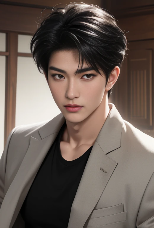 High quality, masterpiece, highly detailed, 8k, perfect face, perfect body, realistic, photogenic, man, Asian, young, black hair, comma hair cut style, handsome, detailed eyes, beautiful detailed nose, realistic body, realistic light, comfortable expressions, cute guy, sweat guy, cool guy, full body, bodyesbian, abs, sixpack