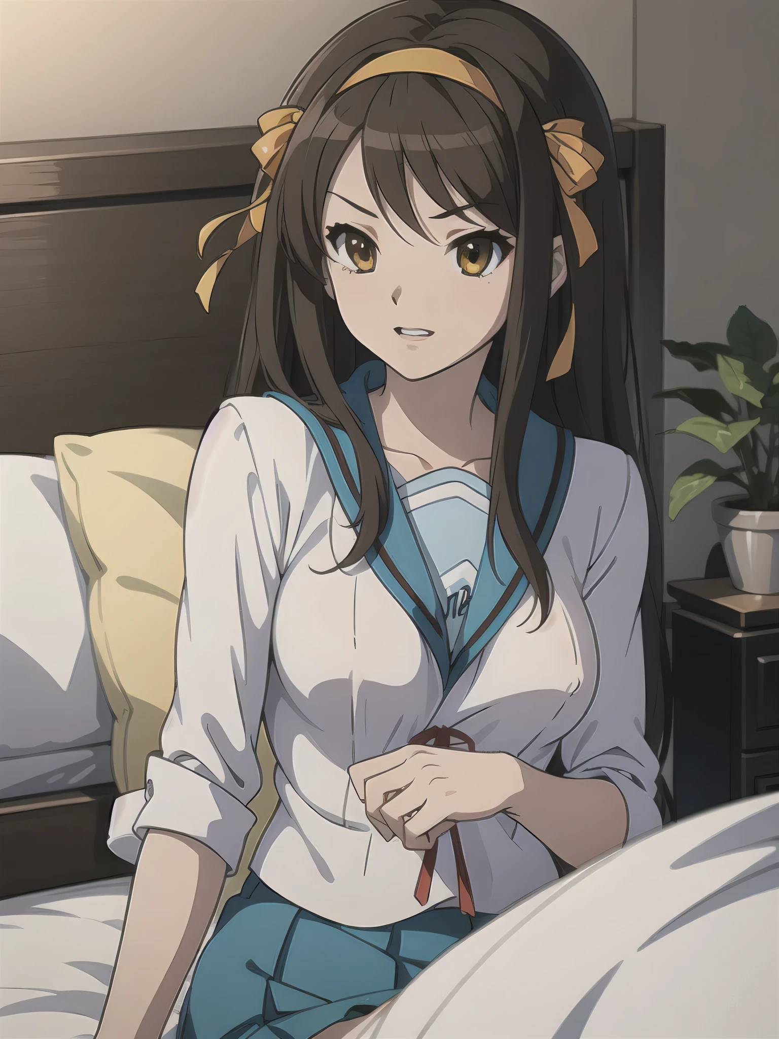(A superb exquisite haruhi suzumiya), (haruhi suzumiya:1.5), (kyoani haruhi style Uniform:1.5), brown eyes, brown hair, natural straight hair, hairband, ribbon, straight bangs, solo, nature, extremely delicate, straight facial features, peerless beautiful girl, soft, (sensual face), ((ecchi face)), dreamy quality, exaggerated facial features, solid color, frank holly, delicate face, bright lips, slender waist, soft curves, real light and shadow, super fine, 4k, natural moving, Ultra high resolution, (masterpiece:1.2, best quality), (finely detailed beautiful eyes: 1.2), (beautiful detailed face), sexy semi-nude model, sexy pose, Ultra high definition white bra and panties, erect nipples,Medium chest, slender body, (bedroom),