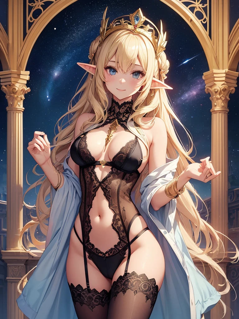 highest quality、Highest image quality、masterpiece、Super beautiful elf beauty from behind((22 years old OL big bust、bust 90,beautiful long ironed hair、blonde、globe、、slender、Close-up、Esbian、beautiful tiara、High quality、beautiful art、background((starry ski)))muste piece、visual art、Depth of bounds written、low angle of morning sky、、elf ears、、magic of light、space knight、harp melody🎵、A happy smile、gentle light、、Beautiful legs that are gentle on the skin、、、Number of fingers to achieve precise finger movements、ticker beautiful decorative、elegant、mystical　rosa、　heaven、marble columns, beautiful dressy、magnificent marble dome、giant galaxy、religious painting、embrace the earth、temple of time、great watch、hourglass、sundial、moment of creation！myth、alphonse mucha art、art nouveau、ancient greece、Rome、byzantine art、gold foil、Raphael&#39;s paintings、renaissance art、Lord of the Ring、sexy、friendly smile、lingerie、underwear、 body stocking. nsfw 

(gorgeous body stocking:1.3), (intricate lace:1.4), (see thorough:1.5), (morning1.5) gravure pose
