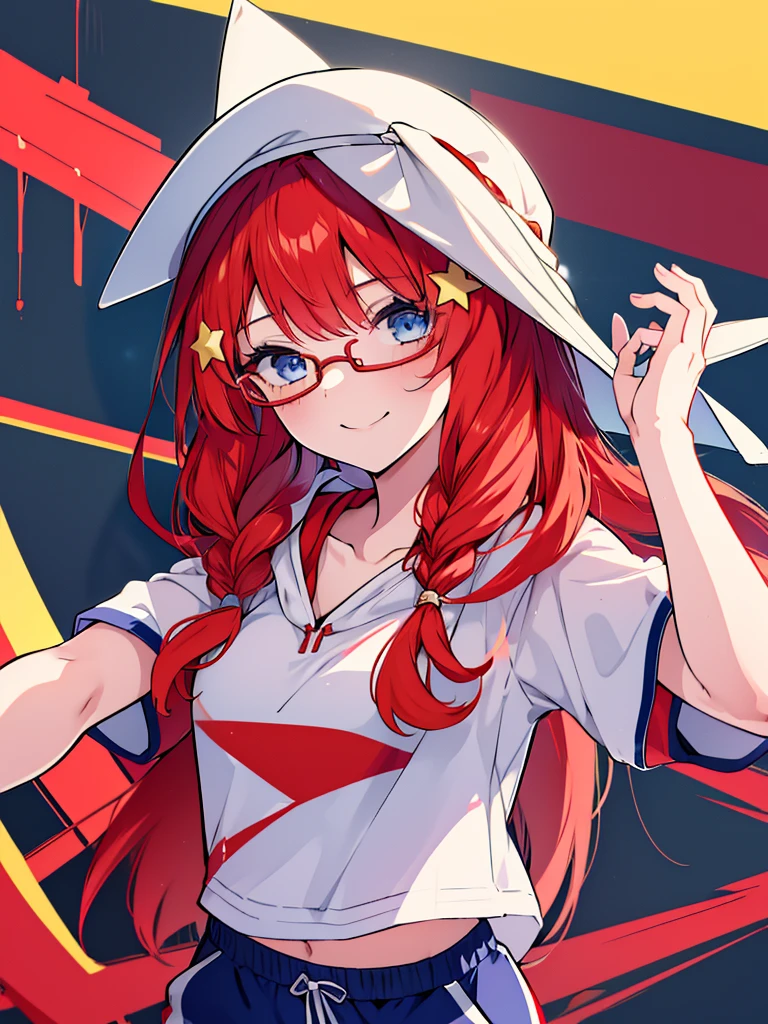 masterpiece, highest quality, 1 girl, Satsuki Nakano,The Bride of Fifths Satsuki Nakano,redhead,long hair,blue eyes,star hair ornament, Braid,hat,Akabuchi Glasses,red sleeveless hoodie,shorts,sneakers,summer,In town,smile,walking