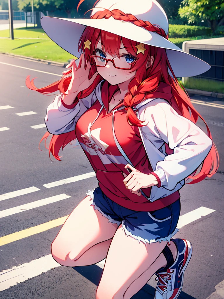 masterpiece, highest quality, 1 girl, Satsuki Nakano,The Bride of Fifths Satsuki Nakano,redhead,long hair,blue eyes,star hair ornament, Braid,hat,Akabuchi Glasses,red sleeveless hoodie,shorts,sneakers,summer,In town,smile,walking