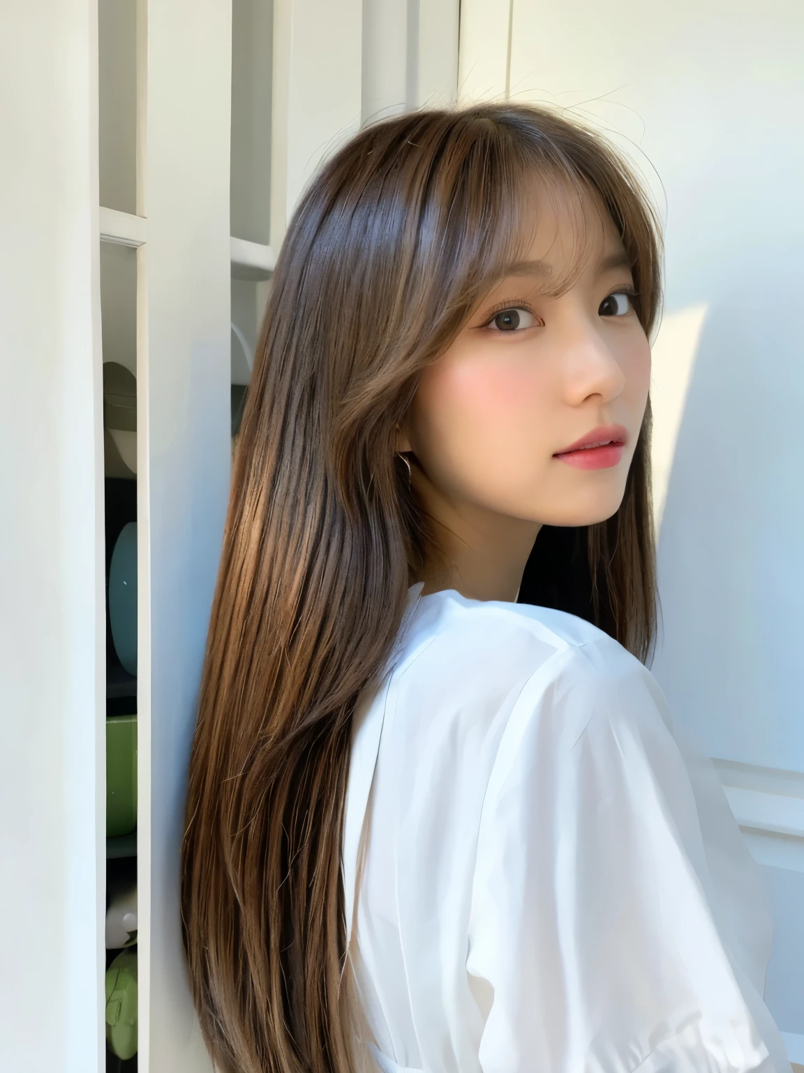 ((highest quality、8K、masterpiece:1.3))、ultra high resolution、(photorealistic:1.4)、((white wall、Taken in front of the white door、窓のあるwhite wallの部屋))、raw photos、Japanese,(details face)、real、((profile))、Shot in natural light、Highly detailed face and skin texture、highly detailed lips、correct state of the human body、straight hair、bright hair color、various poses、natural color lip 、long hair、((明るい茶色のstraight hair))、straight hair、shot from behind、Don't look at the camera、professional lighting、angle from behind、Shot in natural light、super detail、30 generations、actress、髪型はまっすぐなstraight hair、Emphasizes the shine of hair、Blouses in pastel colors