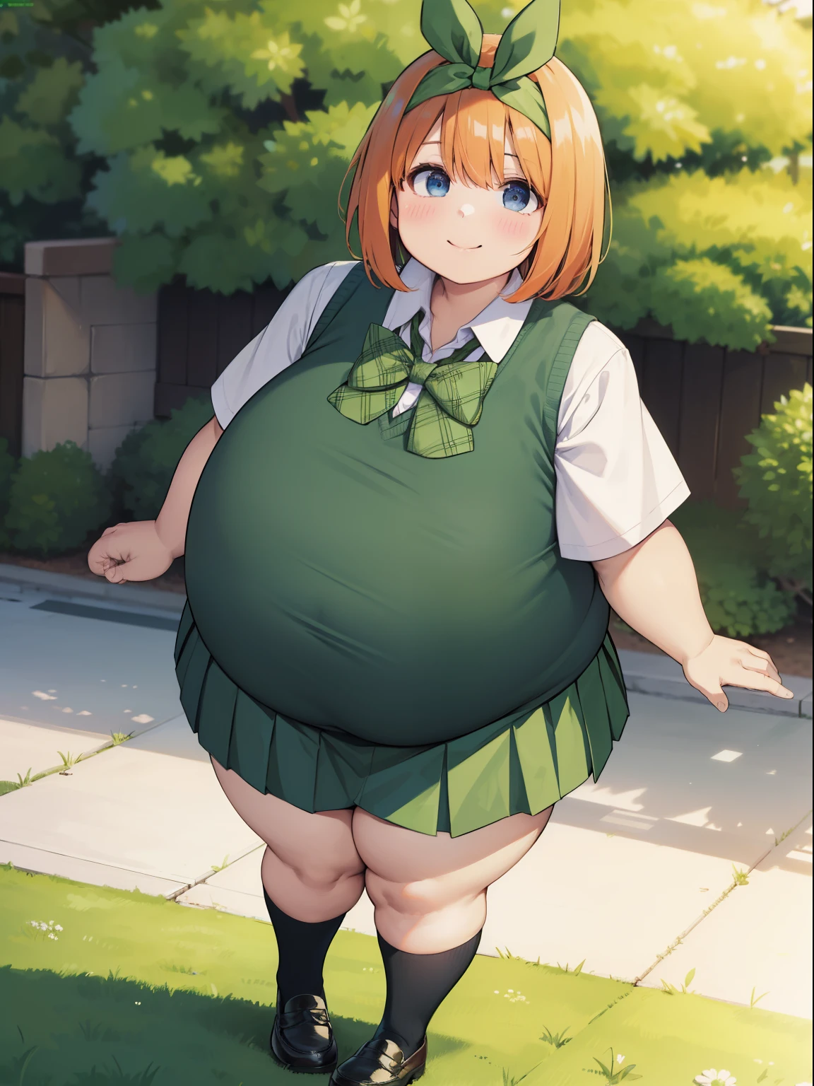 yotsuba nakano, bangs, short hair, blue eyes, hair between eyes, hair ribbon, hairband, orange hair, green ribbon,skirt, shirt, bow, ribbon, school uniform, white shirt, short sleeves, pleated skirt, shoes, socks, collared shirt, miniskirt, bowtie, black footwear, kneehighs, green skirt, black socks, loafers, green bow, sweater vest, green ribbon, knee socks, outdoors, happy,opened mouth, smile, looking at viewer, standing, fullbody,  fat, obesity, (fat:1.6), (obesity:1.6), big stomatch, sumo body