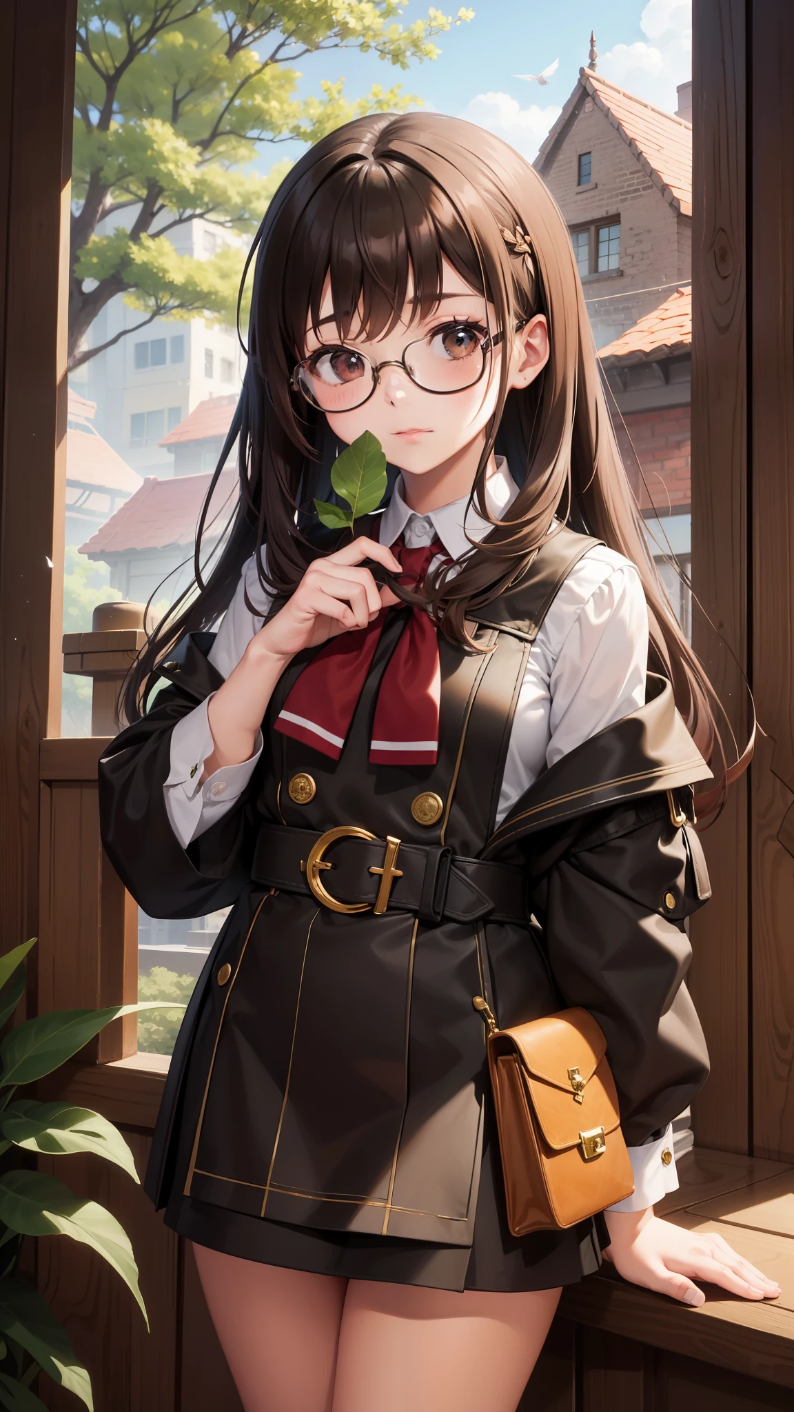 In the heart of a bustling city, there exists a solitary masterpiece crafted by the hands of a young girl. With every stroke of her paintbrush, the best quality elements of her surroundings came to life. The building's bricks were a rich, deep red, and the windows shone like polished emeralds. The girl, with her unkempt brown hair, glasses perched on her nose, and chibi-style outfit, stood before her artwork, admiring her creation with a sense of pride and accomplishment. The details were so intricately rendered that it seemed as though the scene could come to life at any moment, with birds taking flight from the branches of the nearby trees and