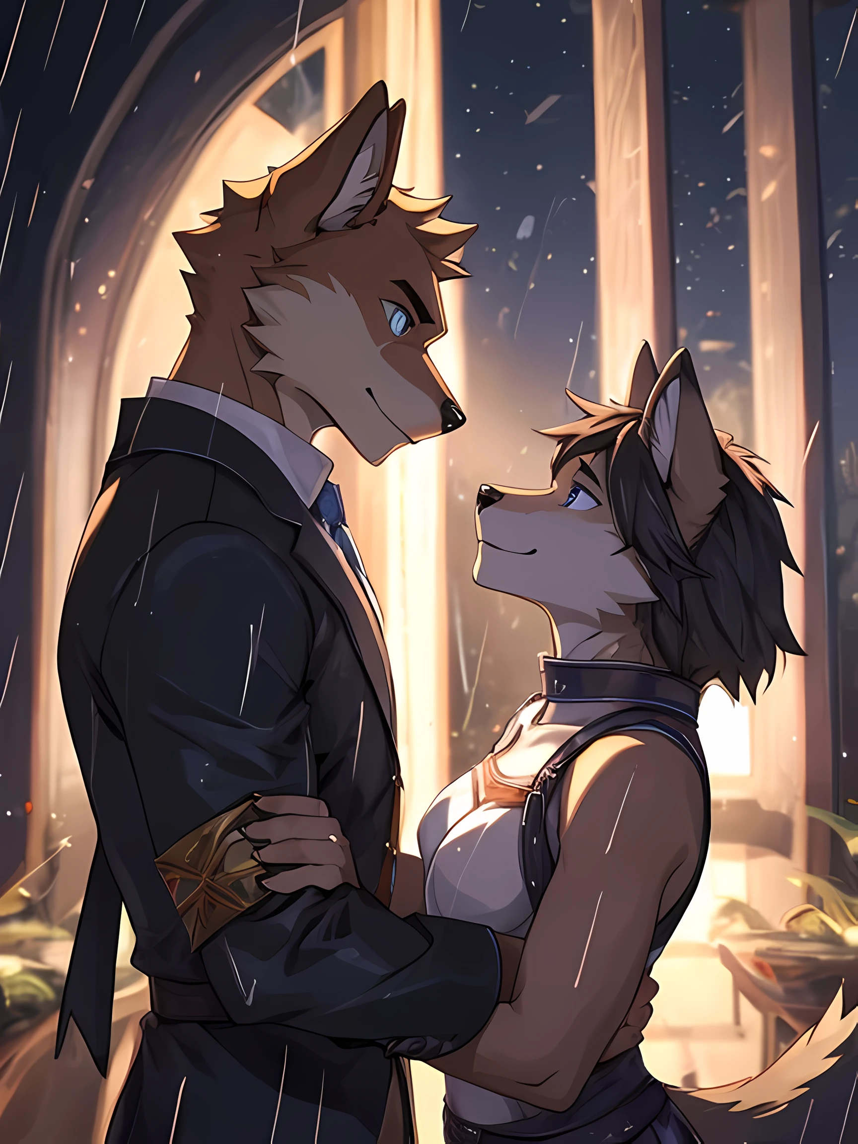 Furry,Two wolves stood looking at each other in the pouring rain.