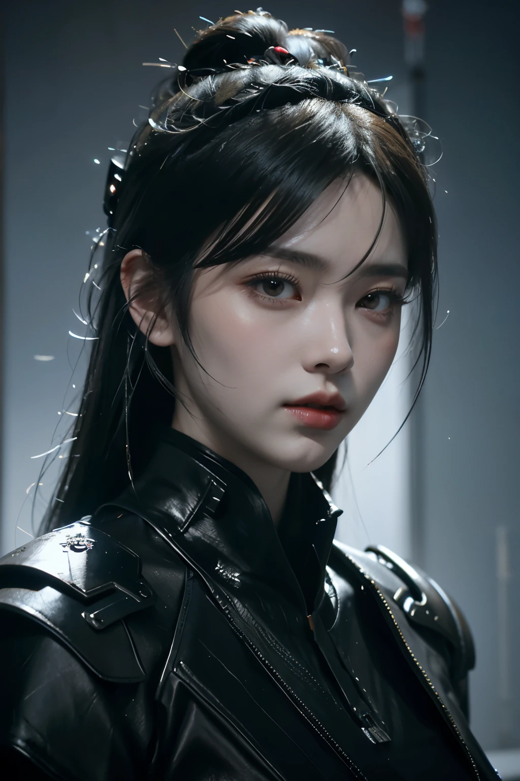 Game art,The best picture quality,Highest resolution,8K,((A bust photograph)),((Portrait)),((Head close-up)),(Rule of thirds),Unreal Engine 5 rendering works, (The Girl of the Future),(Female Warrior), 22岁少女,(Female hackers),(Rainbow hair,Ancient Oriental hairstyle),((The pupils of the red eyes:1.3)),(A beautiful eye full of detail),(Big breasts),(Eye shadow),优雅迷人,冷漠,((Anger)),(Cyberpunk jacket full of futuristic look,Joint Armor,There are exquisite Chinese patterns on the clothes,A flash of jewellery),赛博朋克人物,未来风格, 拍照姿势,城市背景,Movie lights,Ray tracing,Game CG,((3D Unreal Engine)),oc渲染反射纹