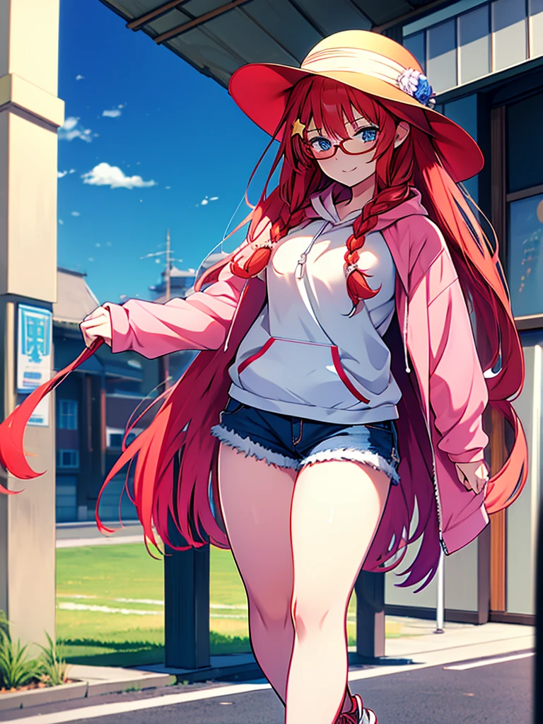 masterpiece, highest quality, 1 girl, Satsuki Nakano,The Bride of Fifths Satsuki Nakano,redhead,long hair,blue eyes,star hair ornament, Braid,hat,Akabuchi Glasses,red sleeveless hoodie,shorts,sneakers,summer,In town,smile,walking