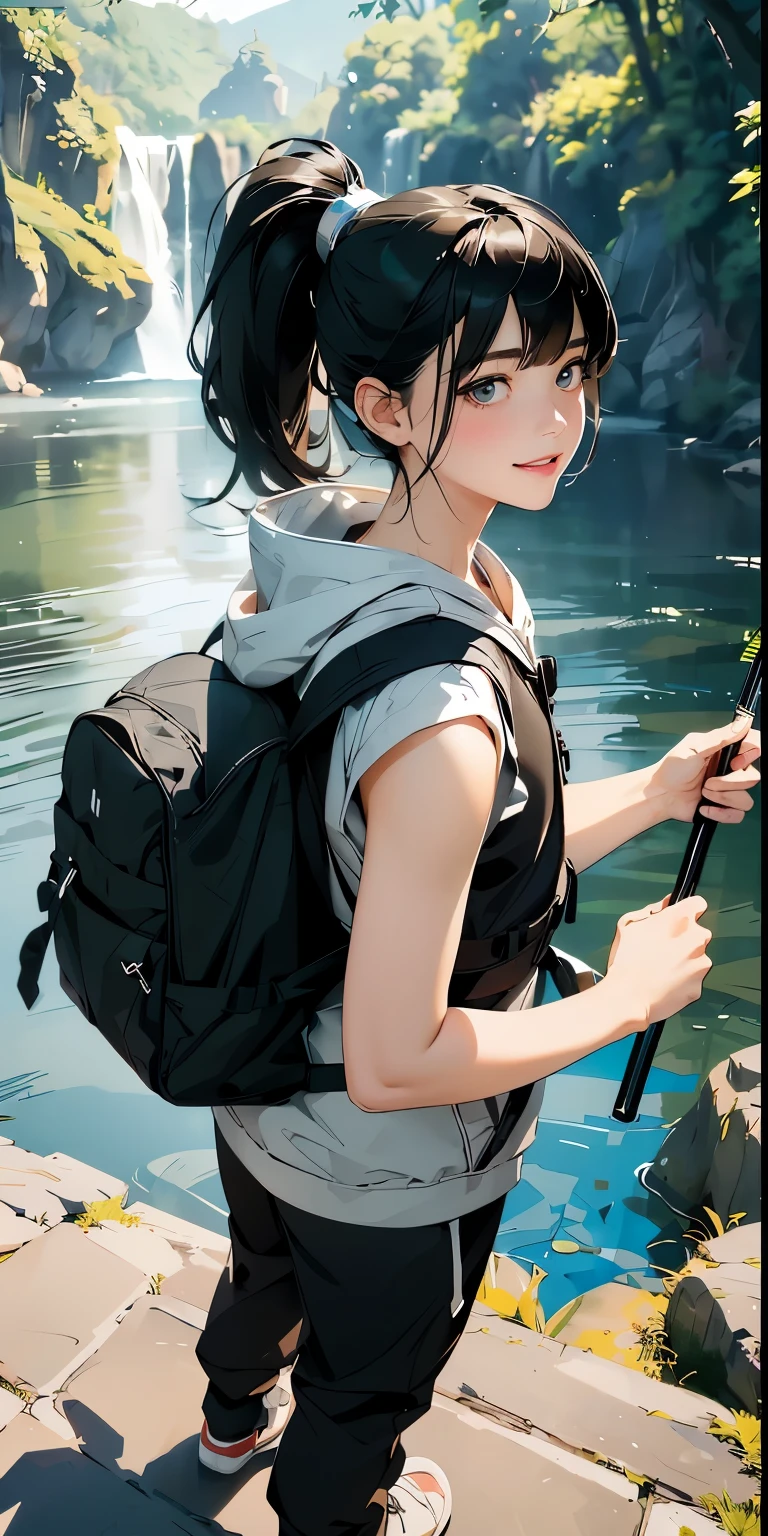 masterpiece、High resolution 8K、sharp focus、contrast lighting、ultra high resolution、ultra high resolution、Detailed CG、Low - Angle、full body shot、Beautiful woman、beautiful eyes、(detailed face and iace:1 2)、narrow eyes、almond eye、brown eyes、gradation eye、highlight:1.2)、(beautiful black hair、middle、asymmetrical bangs、high top fade、ponytail、(plump lips、glossy lips、small chest size) 、(oval face : 1.4)、(thin fingered arms、detailed human hand)、川でWoman Fishing、Beautiful and wide river、Flowing waterfall、rock surface、moss、forest、Mont、blue sky、Flowing clouds、vapor、mist、full body pose、Holding a fishing rod in your hand、Fishing lure rod、Outdoor Vest、hoodie、Waders、Long pants for fishing、Big backpack)、holding a long fishing rod、Holding a fishing rod facing the water surface、Woman Fishing、A mischievous smile、teeth visible、Angle from above