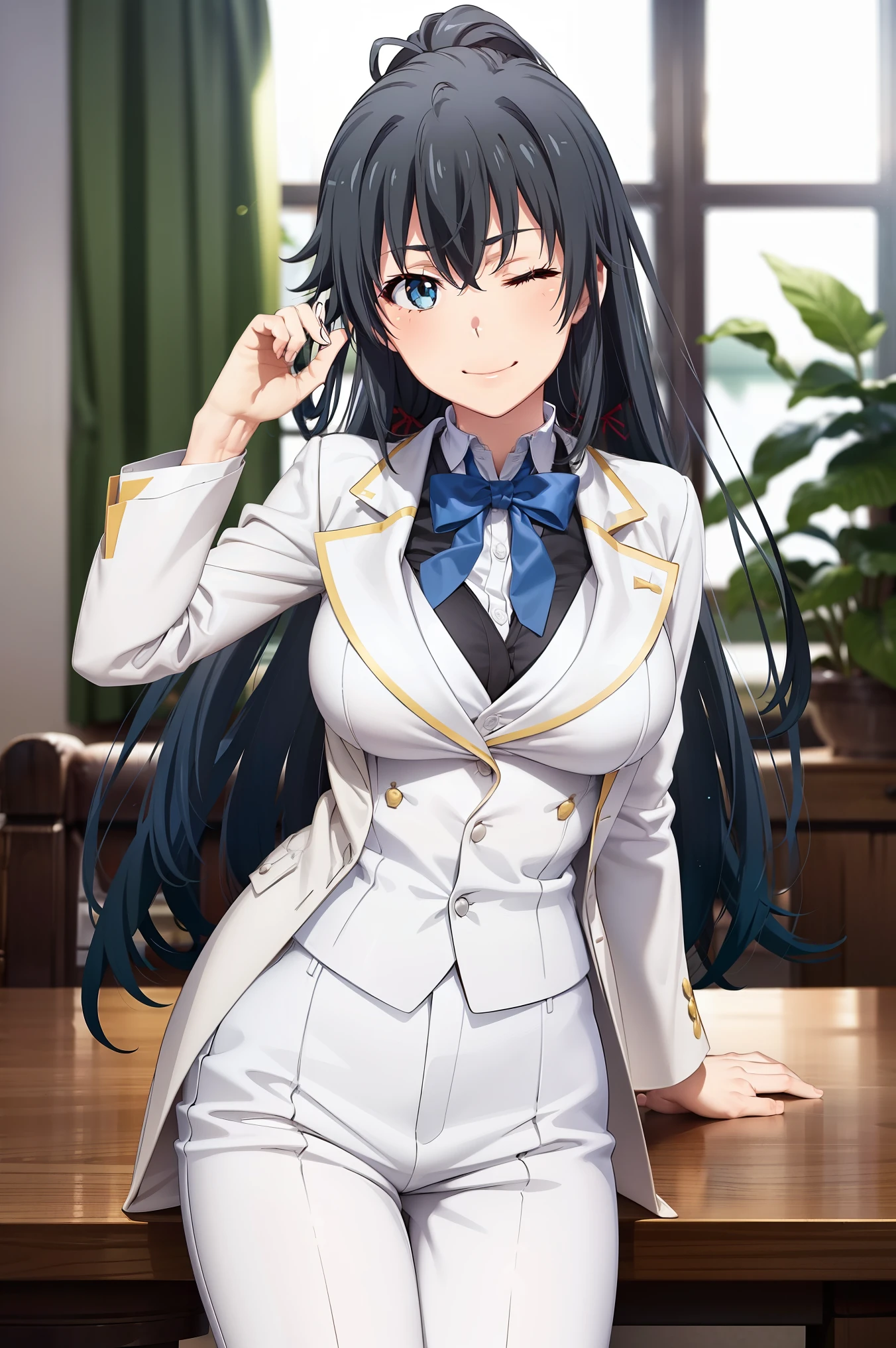 ((best quality)), ((masterpiece)), (detailed) 1girl 1girl, ;\), blurry, blurry_background, breasts, , hair_ponytail ribbon, looking_at_viewer, ok_sign, one_eye_closed, open_hand, Yukinoshita Yukino ,Woman wearing formal clothes, An attractive coat stands in a large gap in the room , 1girl, 独奏, blue necktie, Black hair, eyes blue, long hair, smile , collared shirt, white pants, white shirt , Elegantly designed coat , Stand in front of a window ,Perfectly tailored tailcoat. It has a stunning Victorian design and is made of lustrous fabric