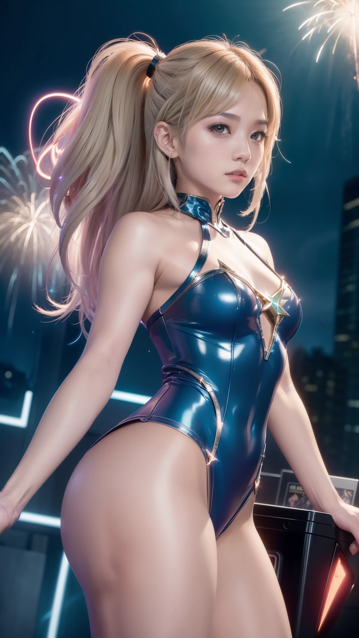 ((in the style of Jim Lee)) Masterpiece of top-quality and best resolution (1.2),
(Marvel's Dazzler stands fierce), under neon-lit city backdrop, with fireworks exploding overhead,
(Long blonde hair, invoking powers), trailing bright light behind, illuminating white punk rock outfit,
(Glimmering outfit with vinyl records), referencing music-themed powers scattered around,
(Dynamic pose with electric aura), striking fear in the hearts of onlookers,
(Her unique sound waves emanating), from outstretched hands with neon-blue glow,
(Jim Lee rendering style, ultra-detailed),