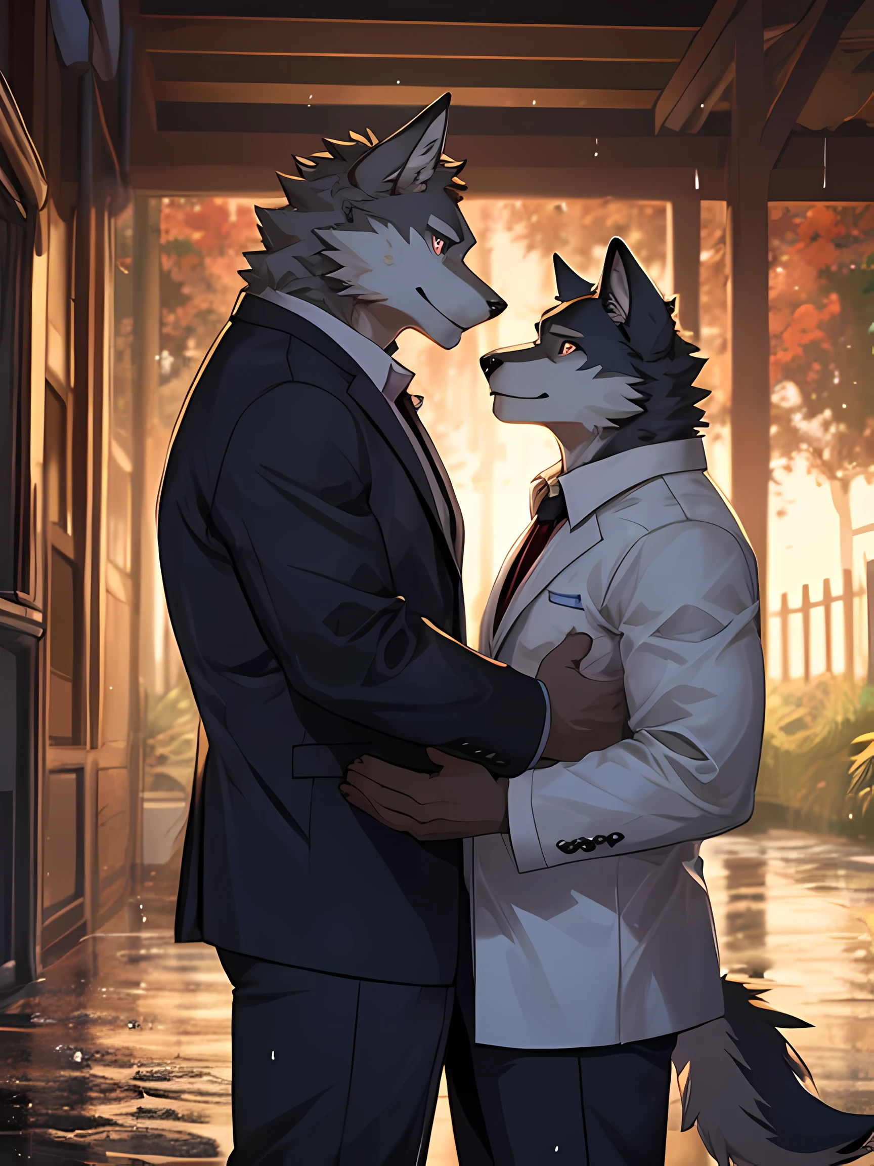 Furry,two wolves,Male,Standing looking at each other in the pouring rain,Detailed, realistic colored eyes,One wolf had completely black fur and the other had white fur.,Wear white office clothes,The clothes were soaked with rainwater.,Behind is the road.