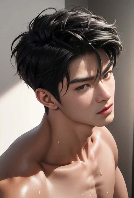 High quality, masterpiece, highly detailed, 8k, perfect face, perfect body, realistic, photogenic, man, Asian, young, black hair, comma hair cut style, handsome, detailed eyes, beautiful detailed nose, realistic body, realistic light, comfortable expressions, cute guy, sweat guy, cool guy, full body, bodyesbian, abs, sixpack