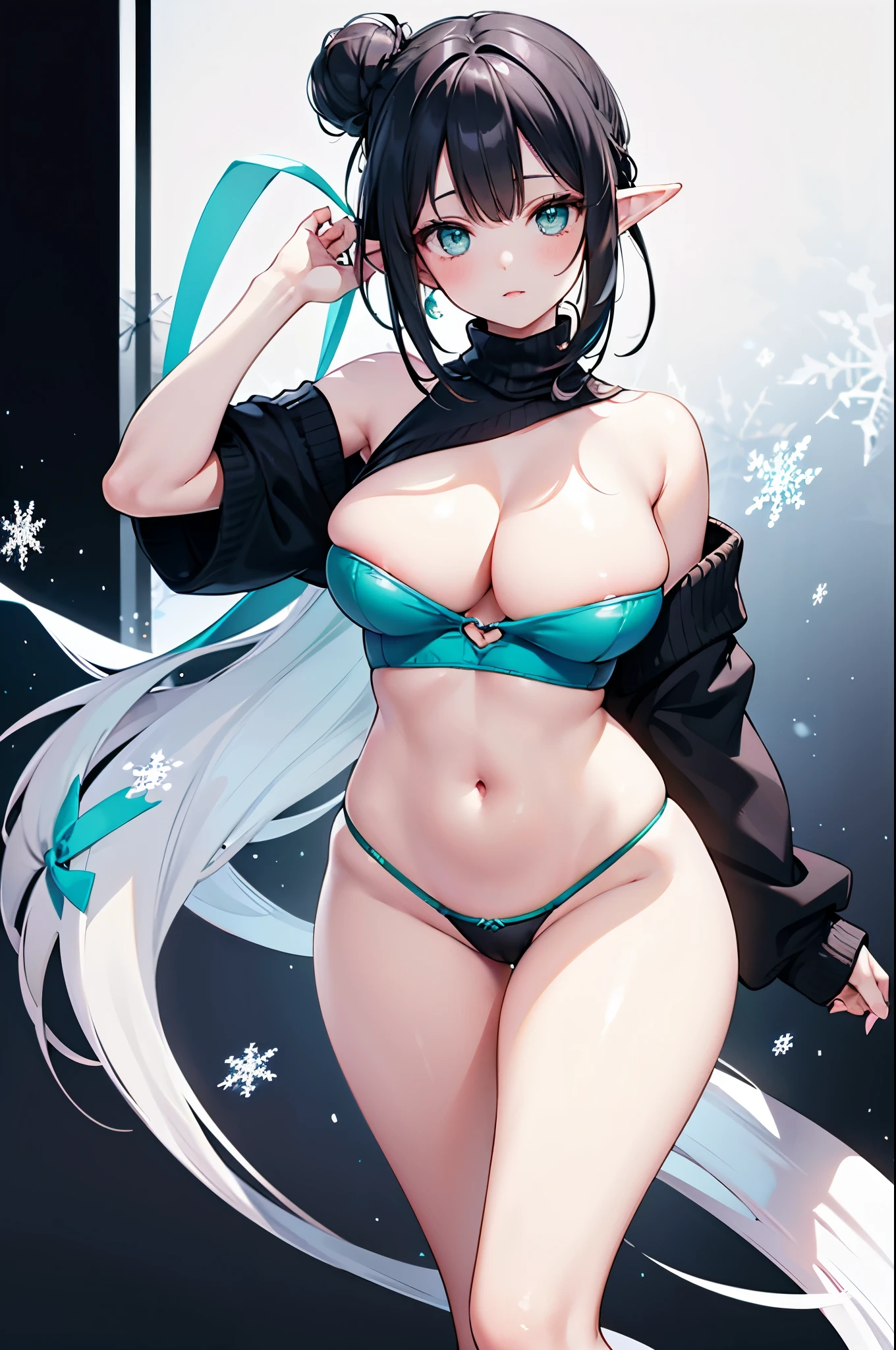 Detail image, realistic image, 1 elf. She has long black hair in a bun, large turquoise eyes, a delicate oval face, medium breasts and a curvy figure. She is wearing an off-shoulder sweater, thin thong, moccasin slippers, stockings to mid-thigh. snowflakes. Black background. Ambient light. Volumetric Light