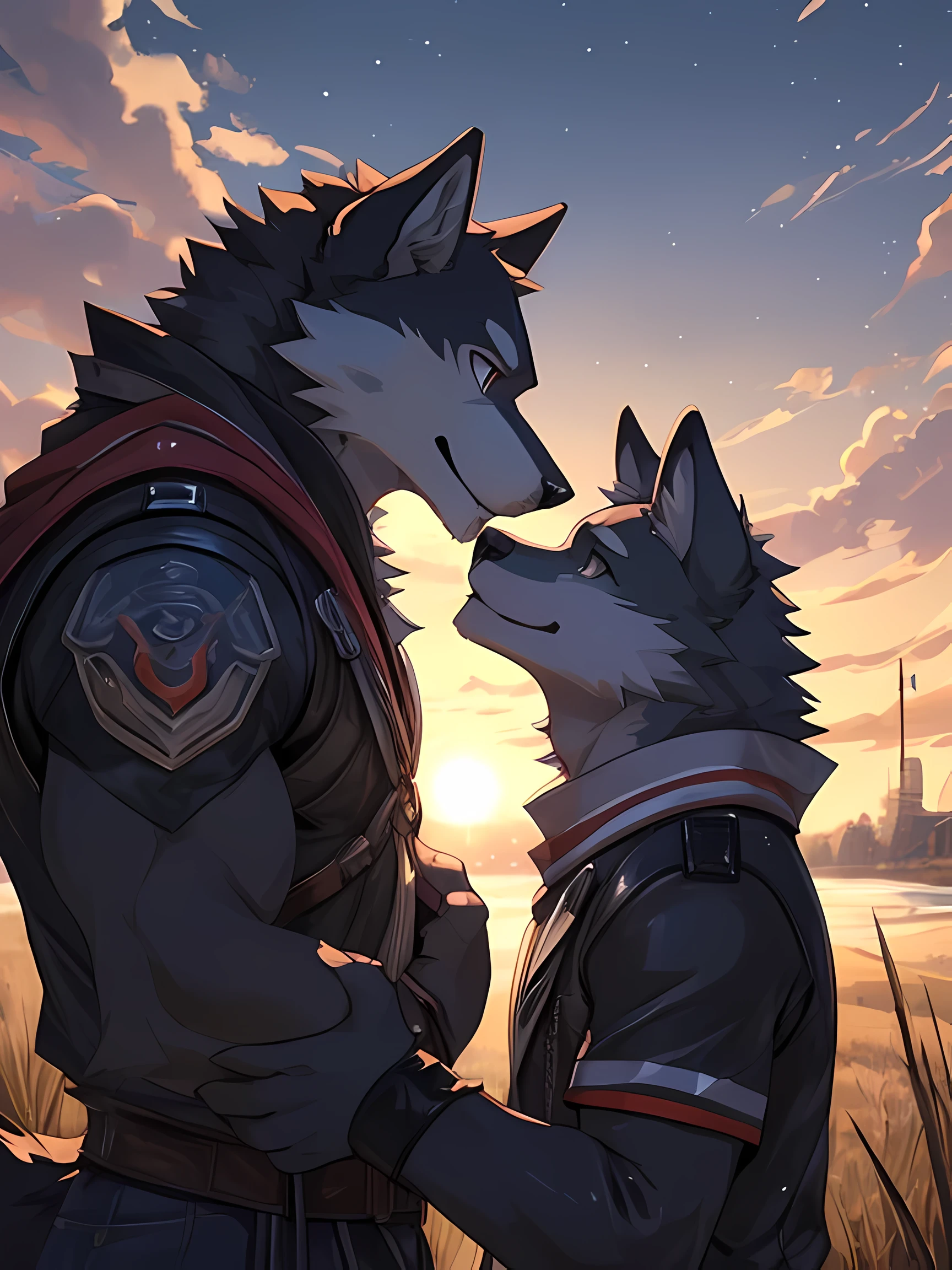 Furry,two wolves,Male,Standing looking at each other in the pouring rain,Detailed, realistic colored eyes,One wolf had completely black fur and the other had white fur.,Behind is the road.,The sun is set.,8k,hdr