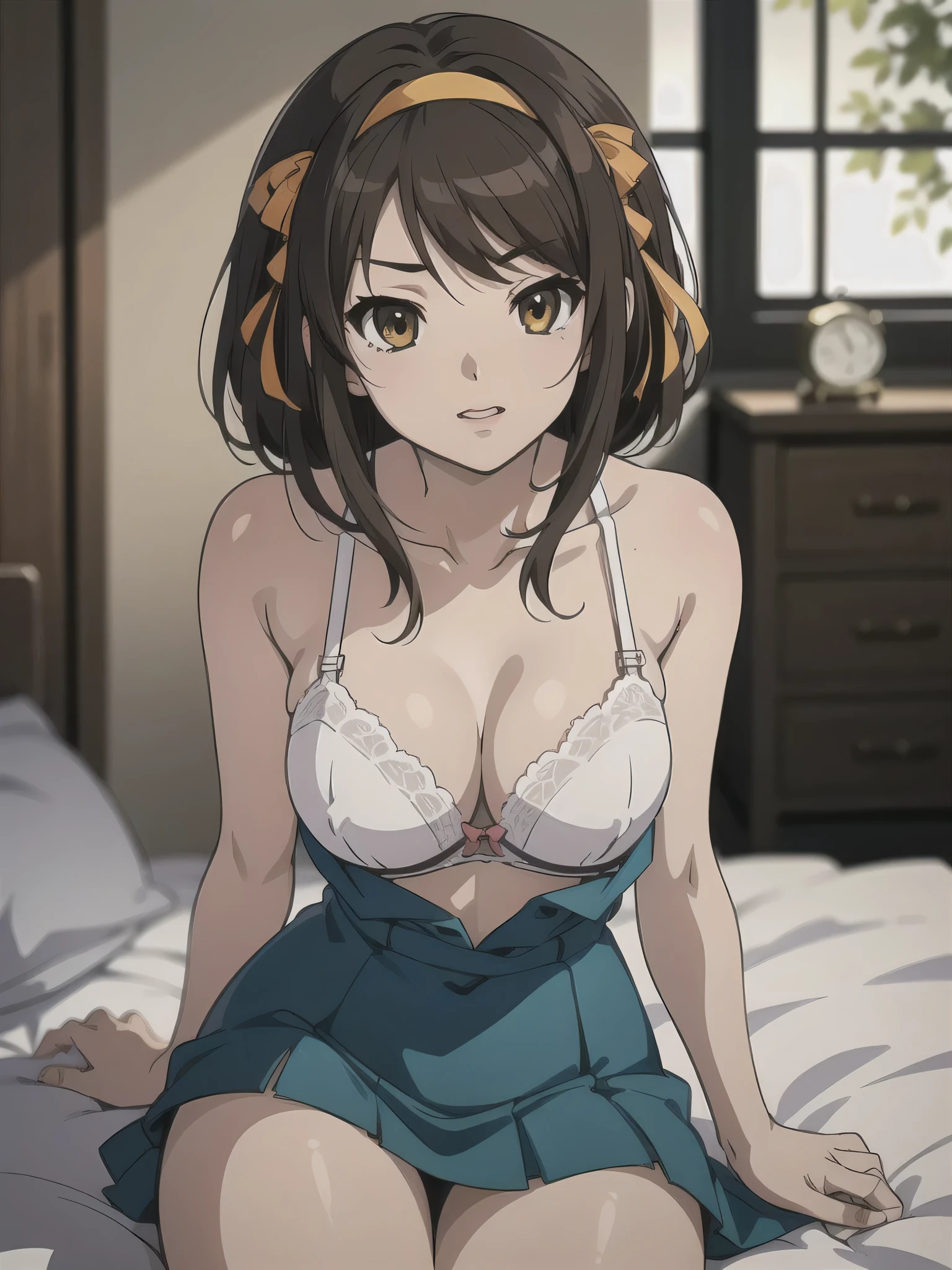 (A superb exquisite haruhi suzumiya), (haruhi suzumiya:1.5), (kyoani haruhi style Uniform:1.5), brown eyes, brown hair, natural straight hair, hairband, ribbon, straight bangs, solo, nature, extremely delicate, straight facial features, peerless beautiful girl, soft, (sensual face), ((ecchi face)), dreamy quality, exaggerated facial features, solid color, frank holly, delicate face, bright lips, slender waist, soft curves, real light and shadow, super fine, 4k, natural moving, Ultra high resolution, (masterpiece:1.2, best quality), (finely detailed beautiful eyes: 1.2), (beautiful detailed face), sexy semi-nude model, sexy pose, Ultra high definition white bra and panties, erect nipples,Medium chest, slender body, (bedroom), 