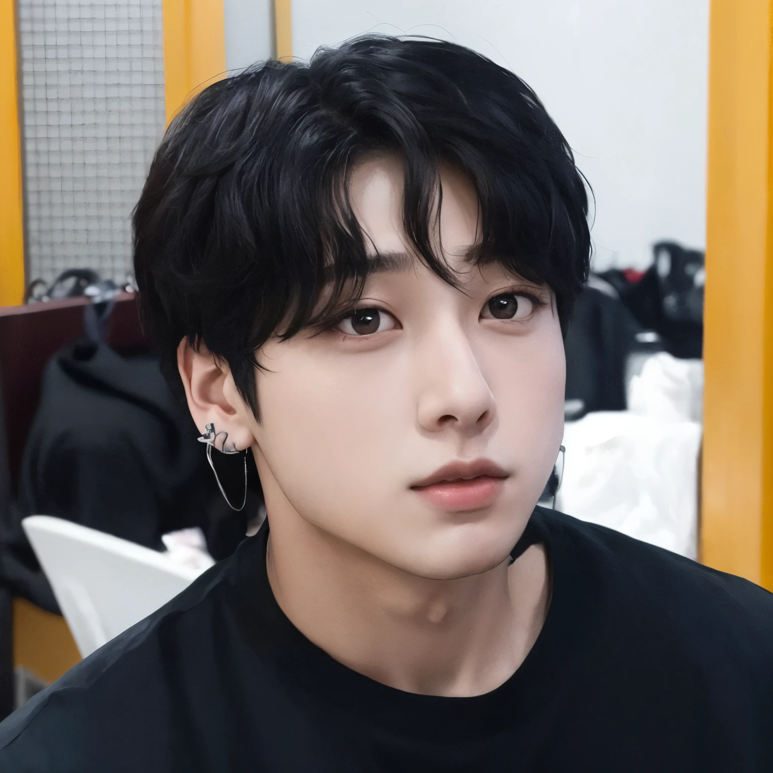 There's a young man in a black shirt and earrings, Jungkook, Jeong Jungkook, taken at the beginning of 2020, adorable and pale korean face, com cabelo curto, Jungkook BTS, olhos pesados para o lado, menino tem cabelo preto curto