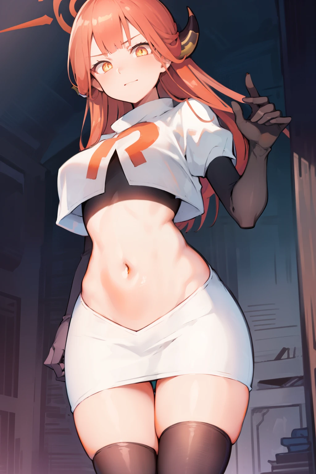 bluearchivearu, aru, halo, horns, long hair, (orange eyes:1.5), pink hair, bangs, blunt bangs,
BREAK horns, team rocket,team rocket uniform,white skirt,crop top,black thigh-highs,black elbow gloves
BREAK looking at viewer,
BREAK (masterpiece:1.2), best quality, high resolution, unity 8k wallpaper, (illustration:0.8), (beautiful detailed eyes:1.6), extremely detailed face, perfect lighting, extremely detailed CG, (perfect hands, perfect anatomy),
