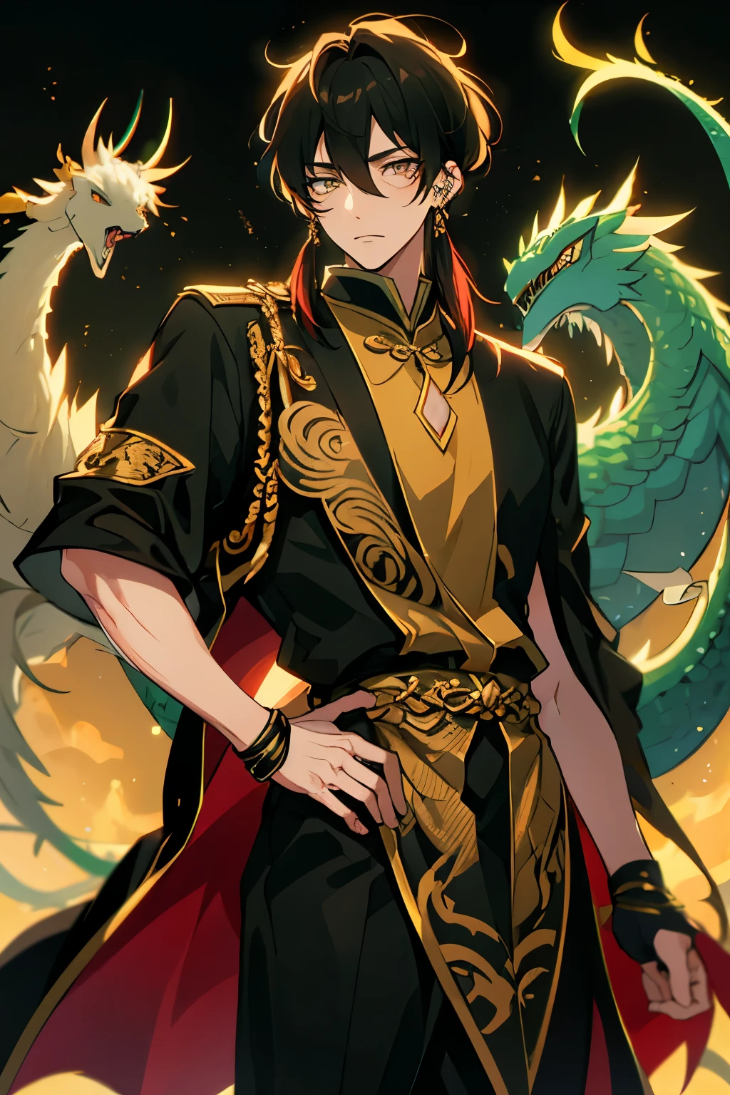 One male character, based on chinese dragons, tall, handsome, black clothes with golden details in clothing, jade jewlery, long beautiful black hair, light green eyes, sharp eyes, ikemen, bishonen, soft colors, pretty boy, red traditional eyeliner