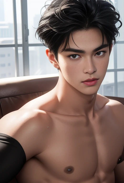 High quality, masterpiece, highly detailed, 8k, perfect face, perfect body, realistic, photogenic, man, Indonesian, young, black hair, comma hair cut style, handsome, detailed eyes, beautiful detailed nose, realistic body, realistic light, comfortable expressions, cute guy, sweat guy, cool guy, full body, bodyesbian, abs, sixpack