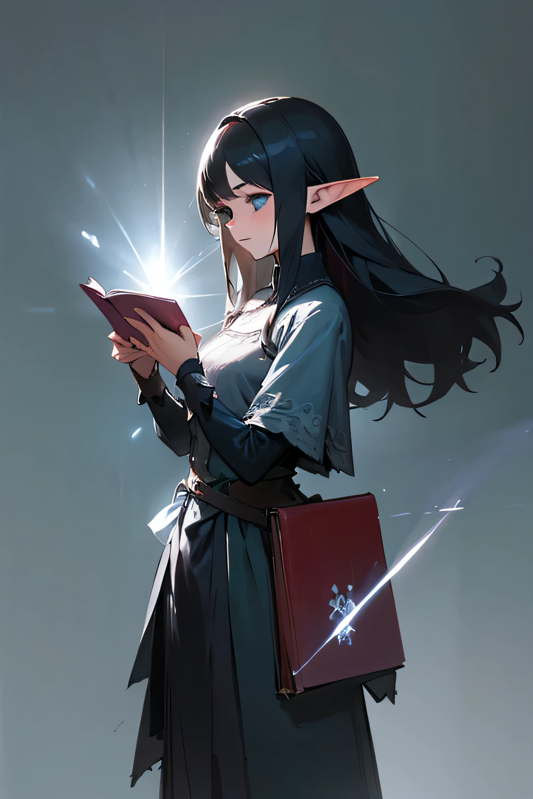 sketchbook art digital art, elf with light black hair, 3/4, non-realistic, anime, sketch, drawing made in Illustrator or Krita software, si-fi gothic style clothes, drawing on paper