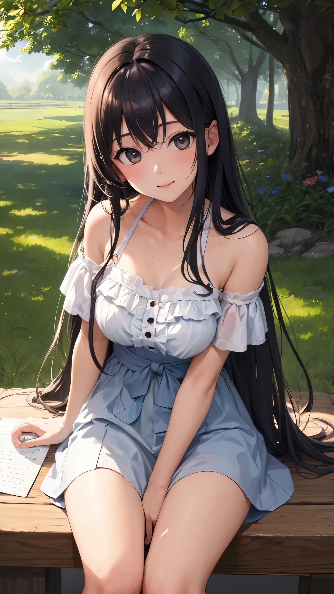 (Masterpiece, Top Quality, Best Quality, Watercolor Medium, Official Art, Beautiful and Aesthetic: 1.2),
One girl, alone,
Sitting on a grassy knoll,
Delicately painting a scene,
The sun's morning rays illuminating her face,
A cheerful expression, celebrating a new day,
A smile spreading across her lips,
Looking directly at the viewer, inviting us in,
The canvas before her a blank slate,
Filling it with intricate patterns and waves,
Her iridescent hair shimmering in the sunlight,
Each strand catching the light and reflecting it back,
