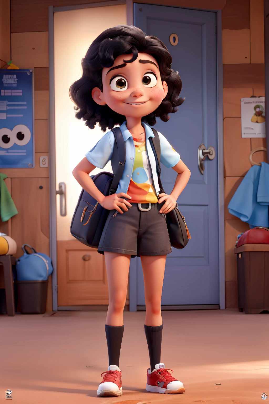 Poster Disney Pixar, menina aproximadamente 5 anos, cabelo preto com franja Liso abaixo do ombro, shot to the head,olhos preto,saia uniforme escolar, mochila, tennis.