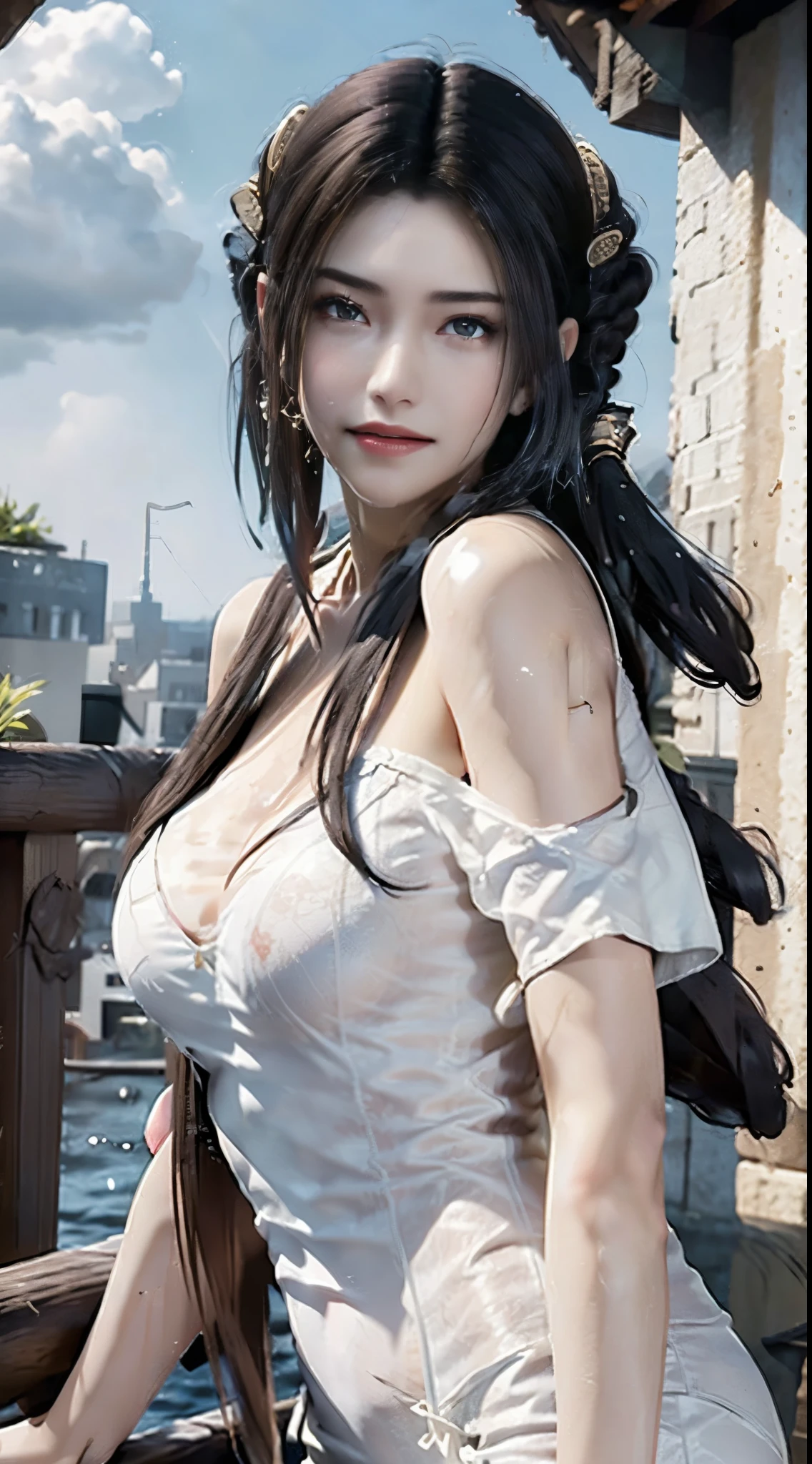 best picture quality， masterpiece， ultra high resolution， （fidelity：1.4）， photo， 1 girl，[Smile）]，Sunny white shirt， dim， ， cute， light， tears， teardrop， （torn clothes：1.5）， （wet clothes：1.4）， bare shoulders， True Rain， wet hair,..Garden junction