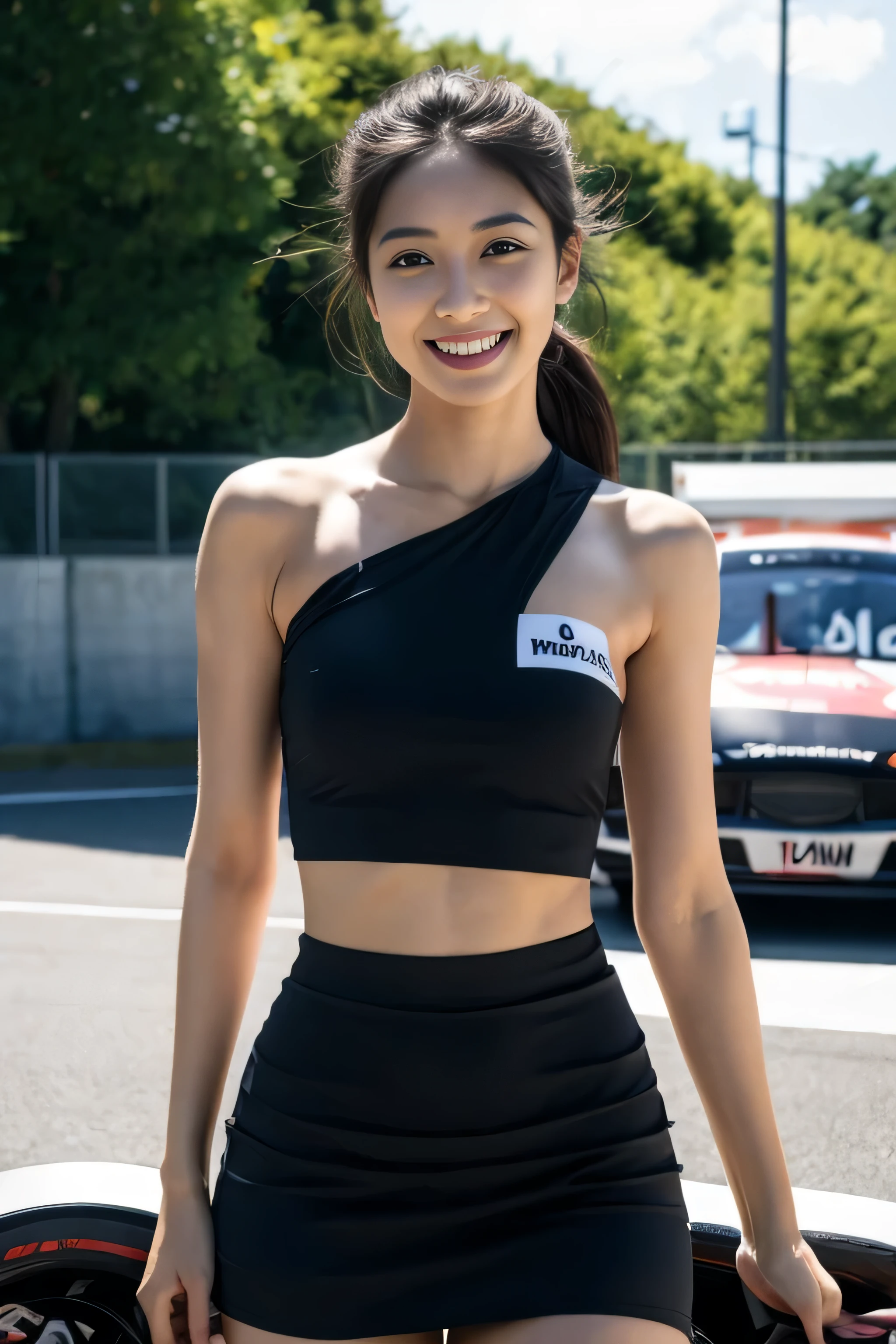 (((one shoulder gridgirl costume))),(((dynamic pose))),(((midriff peek))),(((show underboob ))),(((miniskirt lift))),(((bare inner thigh))),(((show Formula One car))),ulzzang-6500-v1.1, (Raw photo:1.2), (Photo realistic:1.4), a beautiful detailed girl, extremely detailed eye and face, beautiful detailed eyes, ultra-detailed, High resolution, top-quality, ​masterpiece, highly detailed, 8k wallpaper, Wonderful, finely detail, top-quality, Light on the face,电影灯光,1girl in,(auto race track),Beautiful eyes,smile,Opening Mouth