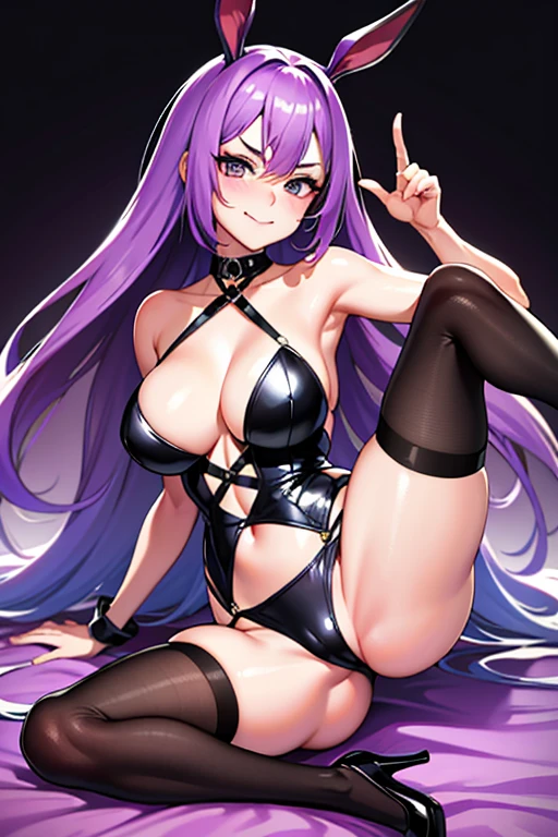 An 18-year-old girl with vibrant purple hair and charming bunny ears is captured in this image. She seductively holds her left leg, her face turned slightly sideways, showcasing a hint of arrogance. The right leg dangles naturally, adding an alluring balance to the pose. Her expressive eyes meet the viewer's gaze, exuding confidence and a touch of mischief. The high-quality rendering of her features and the perfect lighting only emphasize her allure, making this image a true masterpiece.