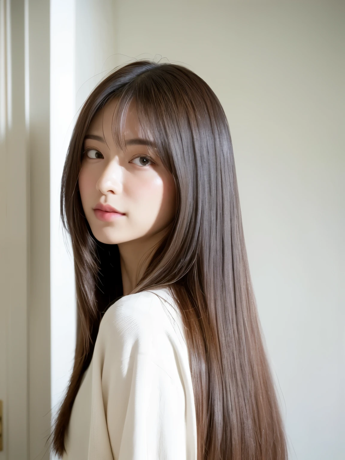 ((highest quality、8K、masterpiece:1.3))、ultra high resolution、(photorealistic:1.4)、((white wall、Taken in front of the white door、窓のあるwhite wallの部屋))、raw photos、Japanese,(details face)、real、((profile))、Shot in natural light、Highly detailed face and skin texture、highly detailed lips、correct state of the human body、straight hair、bright hair color、various poses、natural color lip 、long hair、((明るい茶色のstraight hair))、straight hair、shot from behind、Don't look at the camera、professional lighting、angle from behind、Shot in natural light、super detail、30 generations、actress、髪型はまっすぐなstraight hair、Emphasizes the shine of hair、Blouses in pastel colors