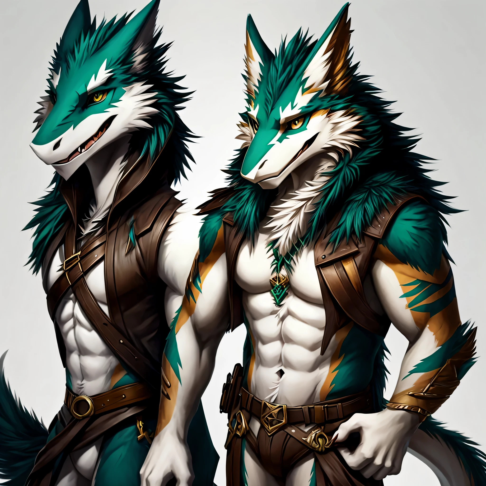 A male sergal character with bronze and dark green fur, full body image, friendly expression, posing for photograph, solid white color background