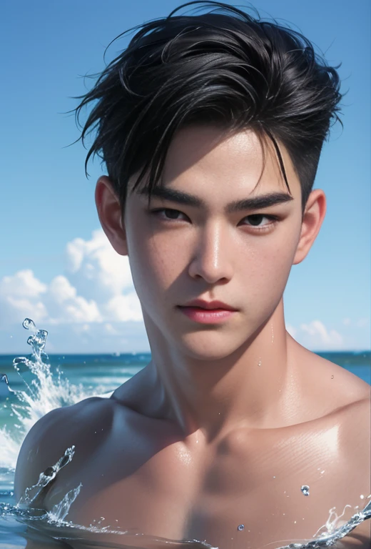 High quality, masterpiece, highly detailed, 8k, perfect face, perfect body, realistic, photo realistic, man, Asian, rainbow hair, short hair, handsome, detailed eyes, beautiful detailed nose, realistic body, realistic light, comfortable expressions, cute guy, sweat guy, cool guy, abs sixpack, model style, full body, clean skin, water element, water, water bender