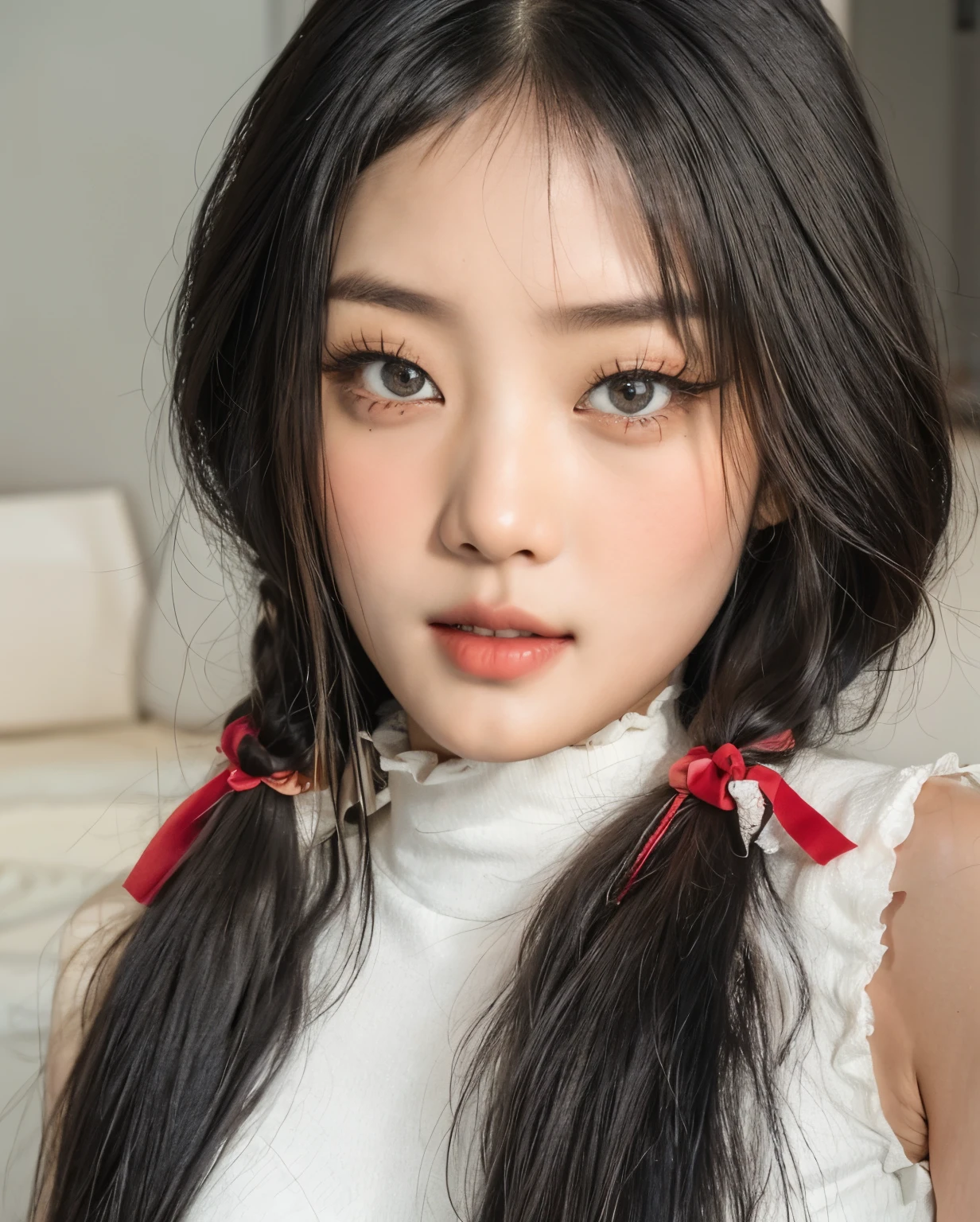 there is a woman with long hair wearing a white top, korean girl, young adorable korean face, wan adorable korean face, ulzzang, young cute wan asian face, beautiful asian girl, korean face features, gorgeous young korean woman, beautiful south korean woman, beautiful japanese girls face, beautiful young korean woman, beautiful aesthetic face, popular south korean makeup, asian face